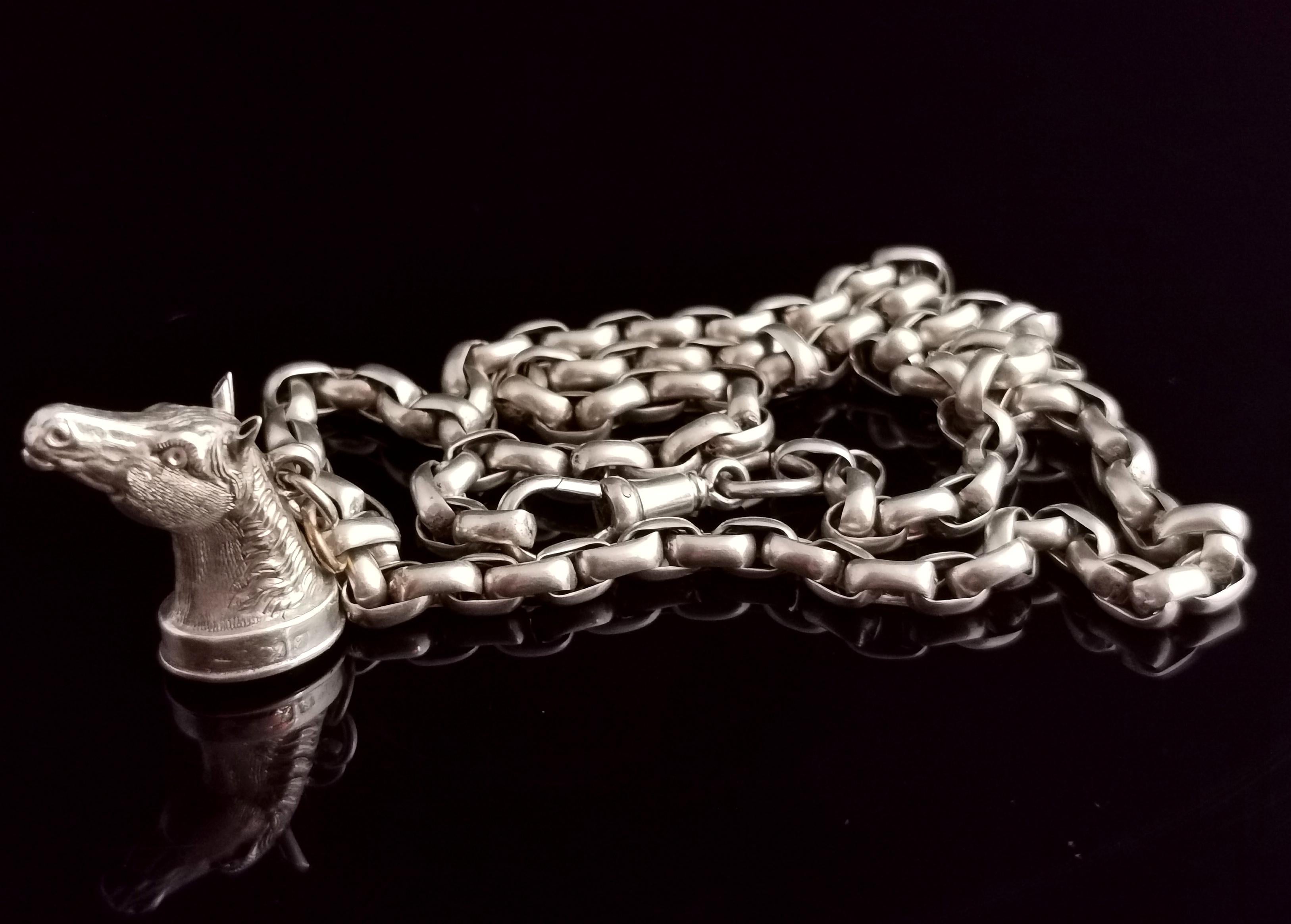 Antique Silver Horse Seal Fob Pendant, Rolo Link Long Chain Necklace, Bloodstone 9