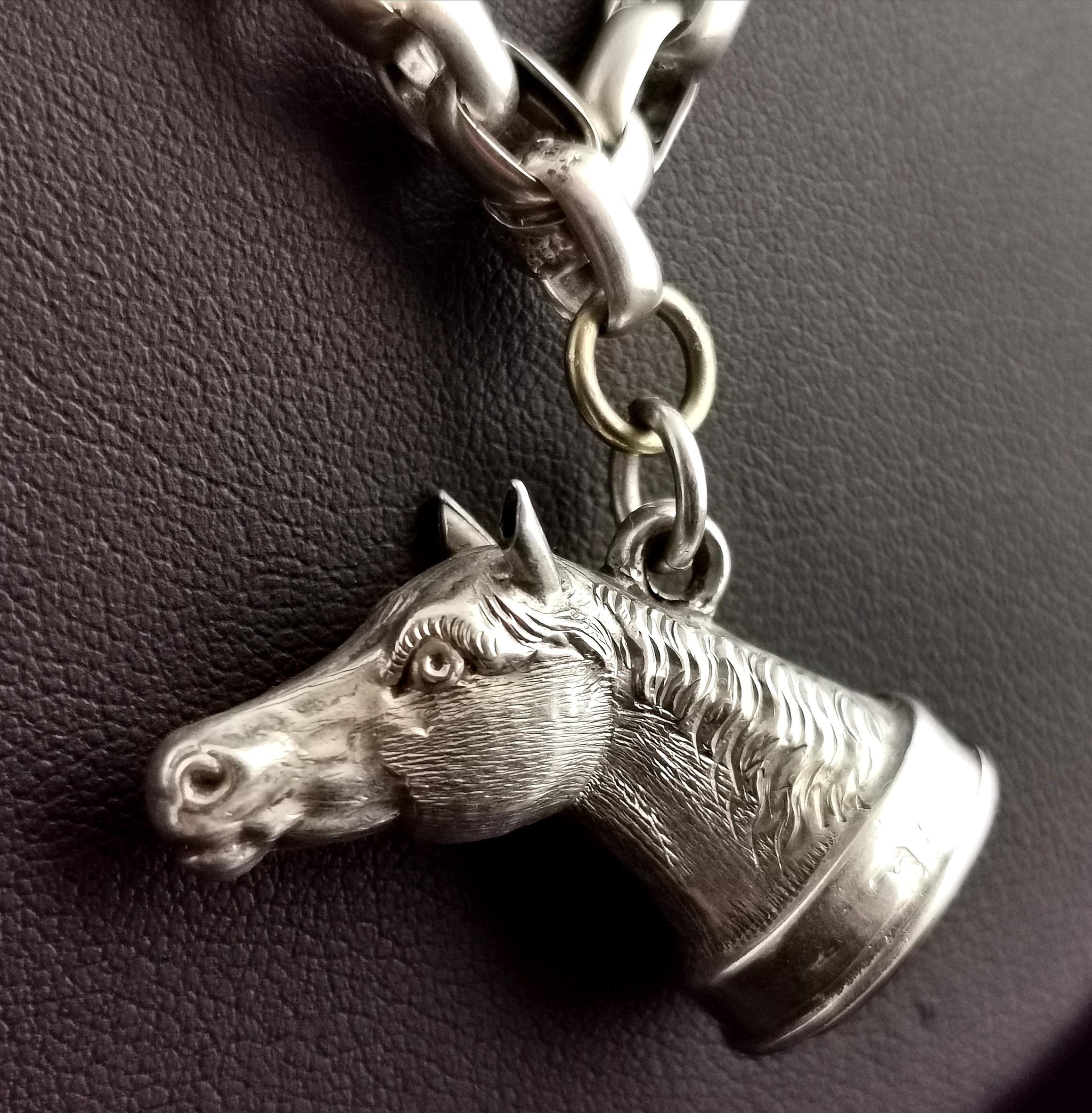 Victorian Antique Silver Horse Seal Fob Pendant, Rolo Link Long Chain Necklace, Bloodstone