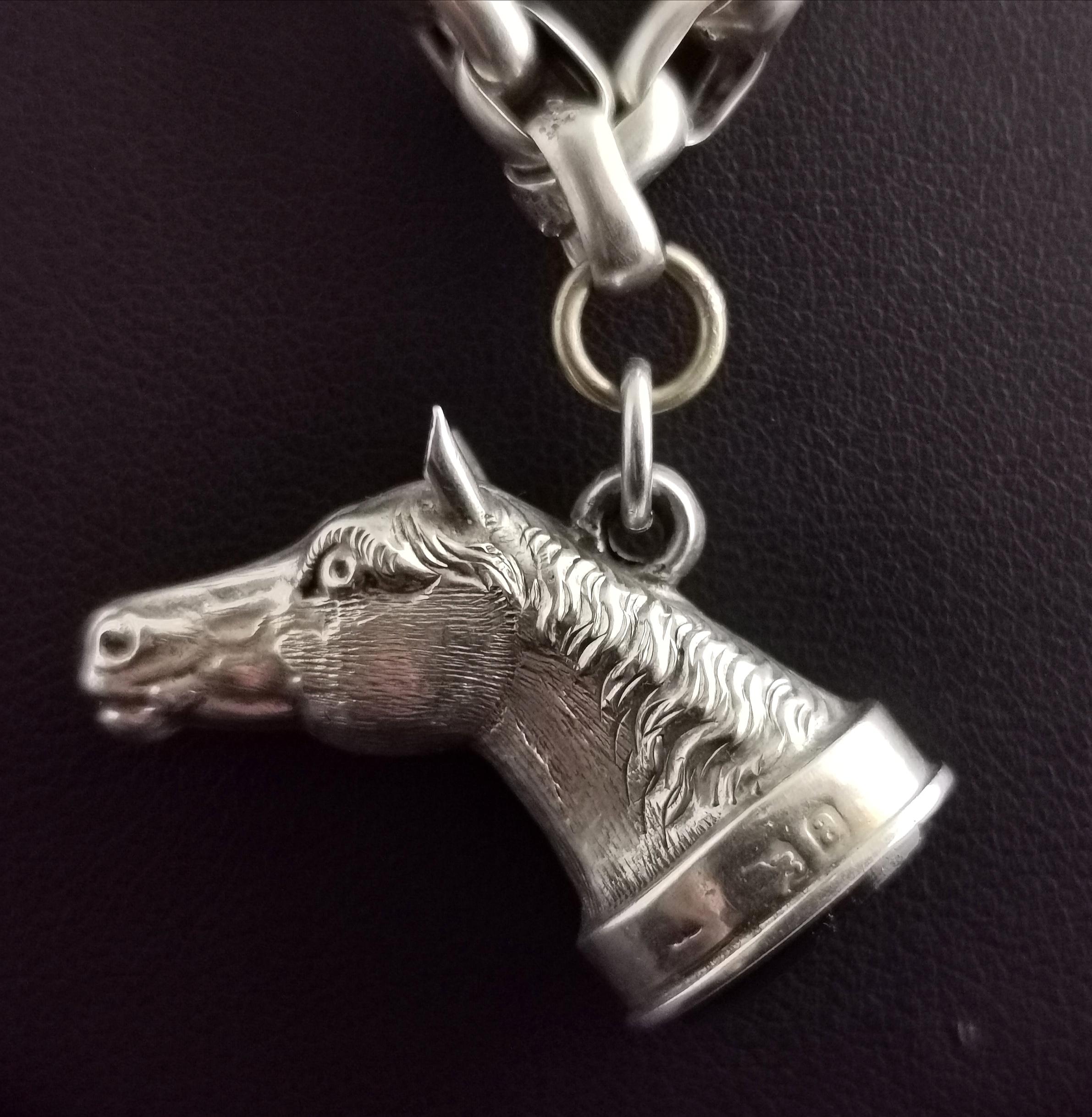 Antique Silver Horse Seal Fob Pendant, Rolo Link Long Chain Necklace, Bloodstone In Fair Condition In NEWARK, GB