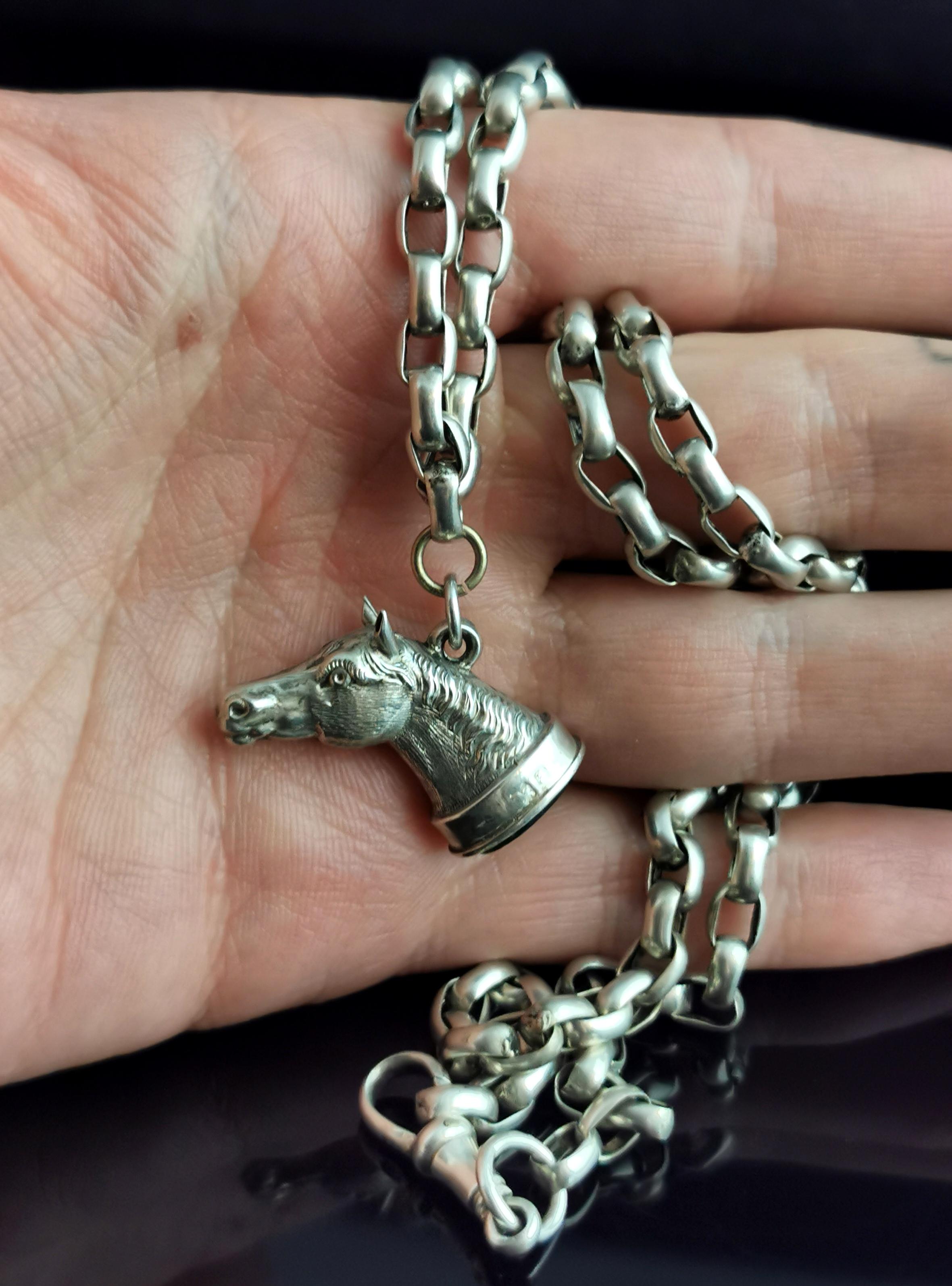 Antique Silver Horse Seal Fob Pendant, Rolo Link Long Chain Necklace, Bloodstone 1