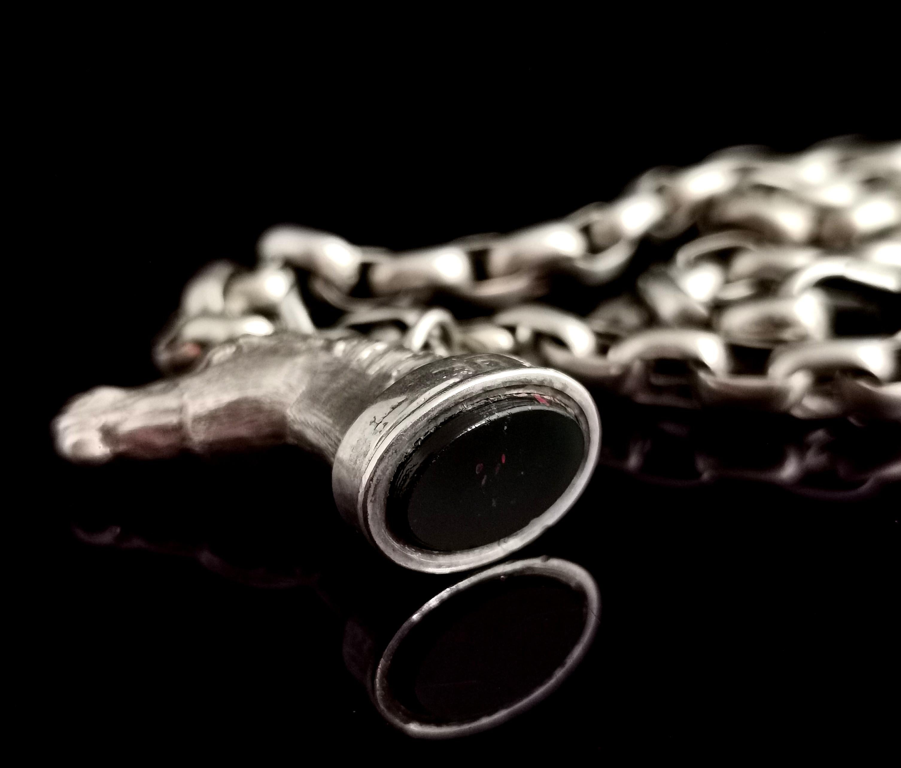 Antique Silver Horse Seal Fob Pendant, Rolo Link Long Chain Necklace, Bloodstone 2