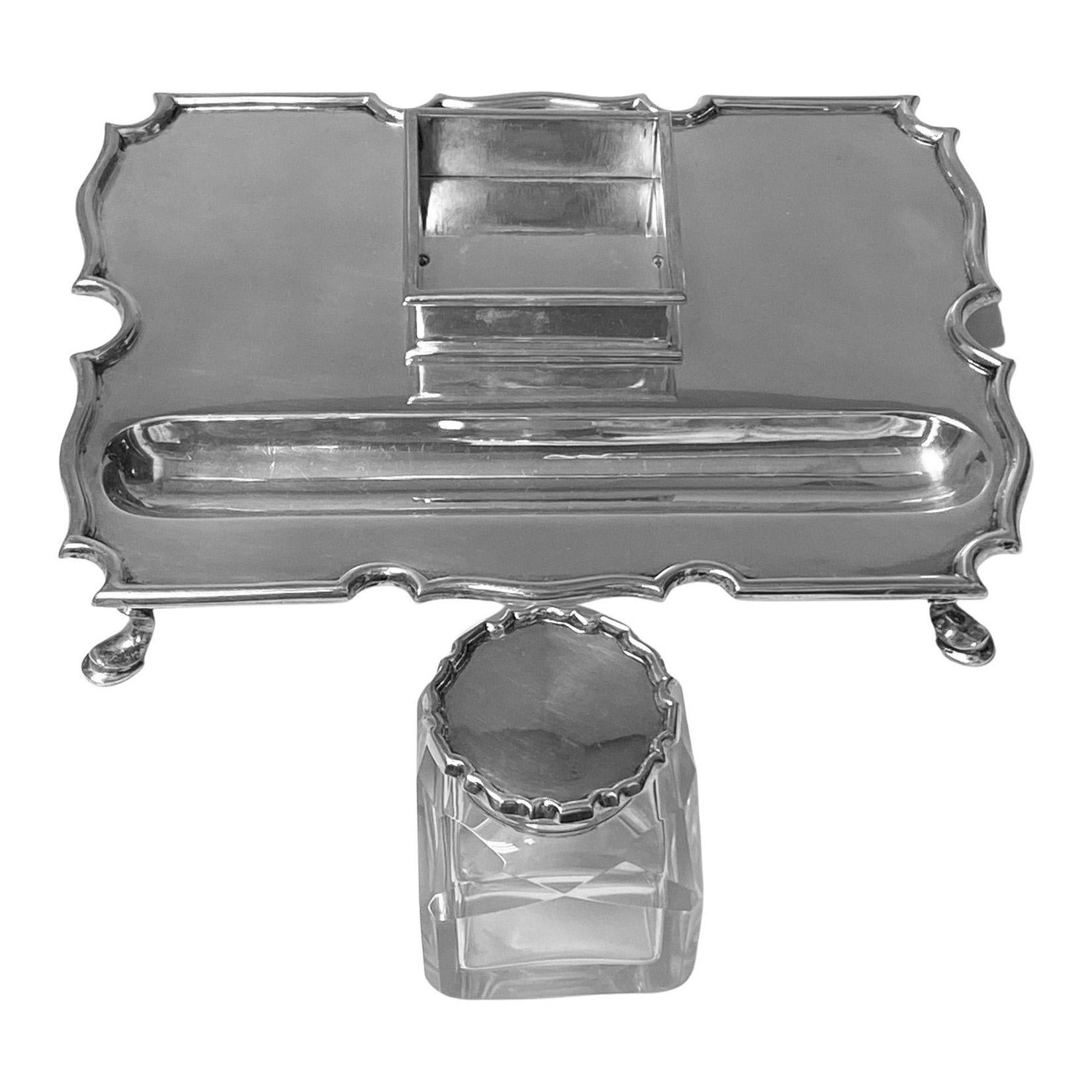 English Antique Silver Inkstand Inkwell, London 1899 Goldsmiths and Silversmiths Co For Sale
