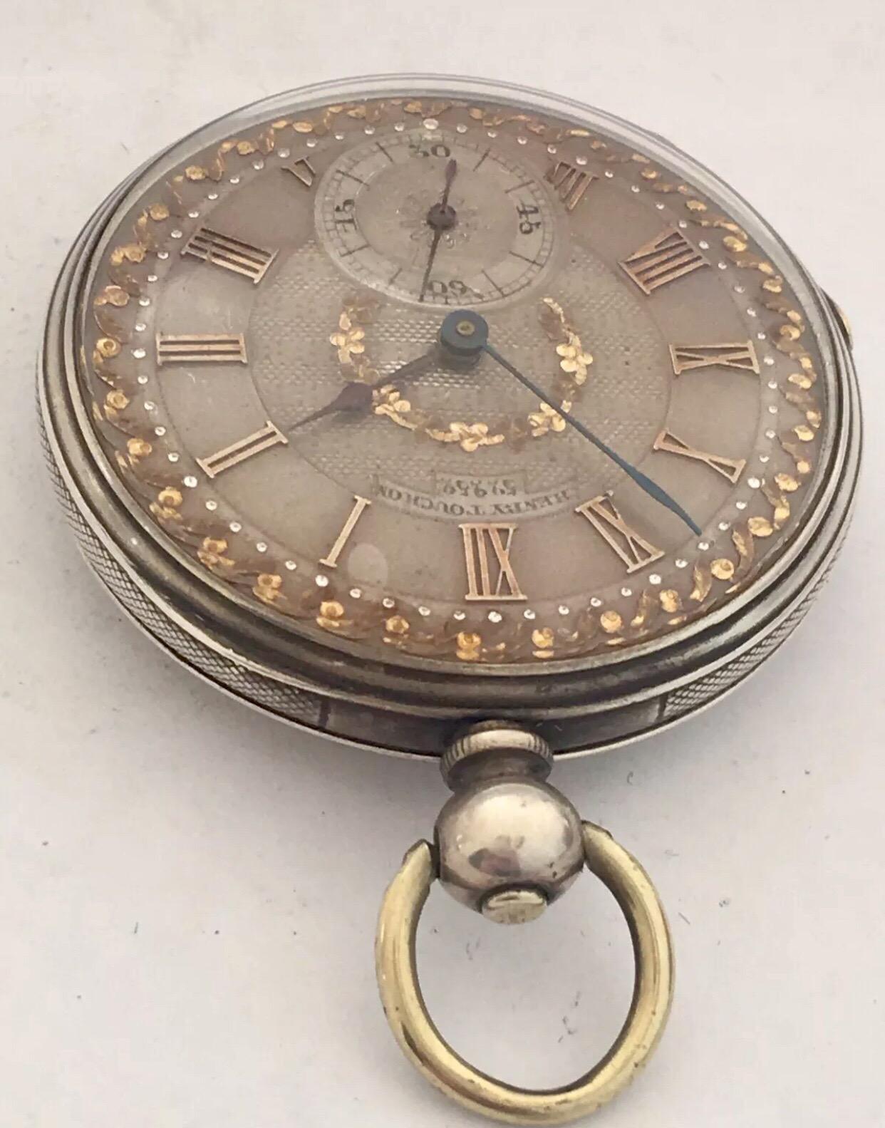 Antique Silver Inlaid Dial Pocket Watch Signed by Henry Touchon 5