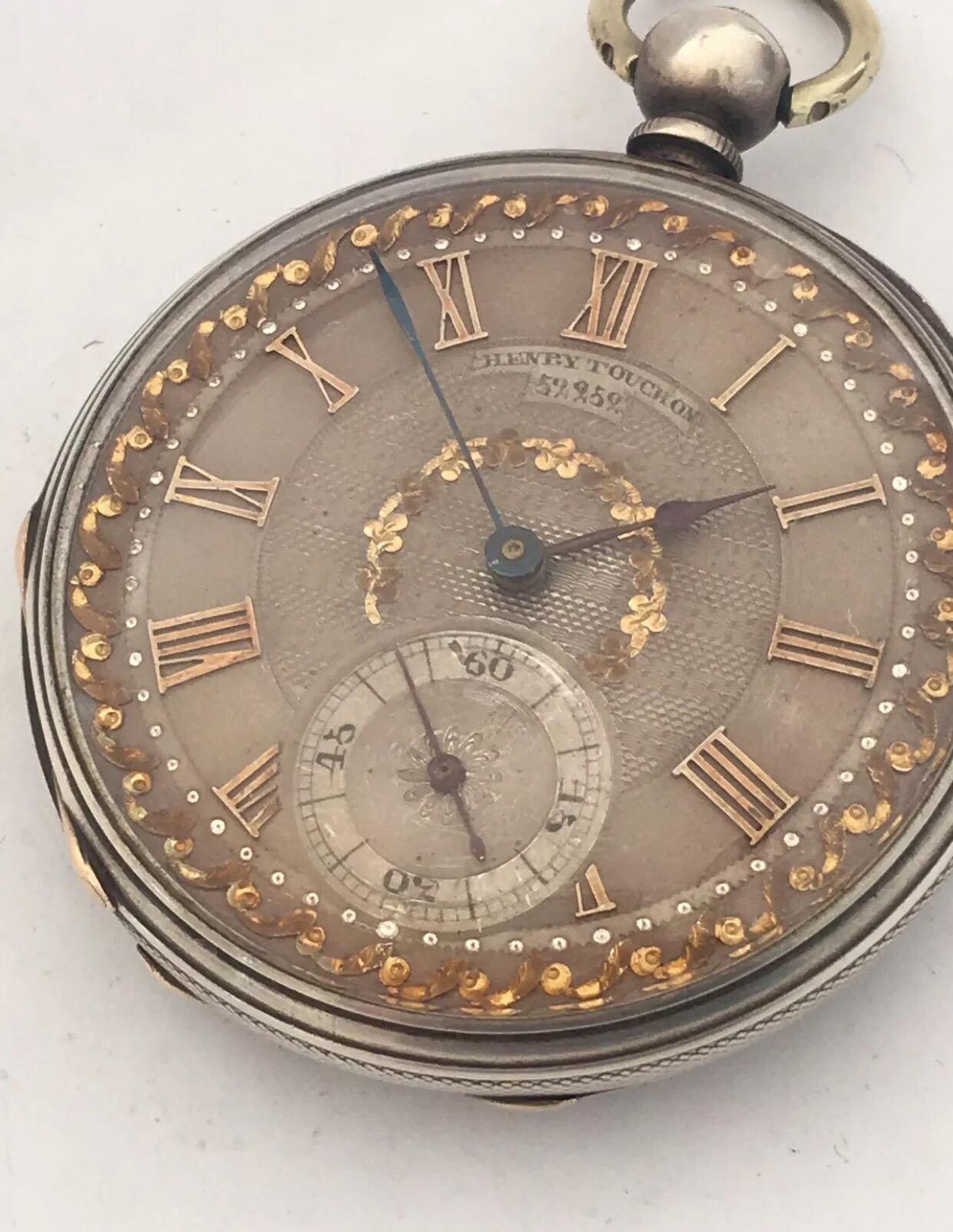 Women's or Men's Antique Silver Inlaid Dial Pocket Watch Signed by Henry Touchon