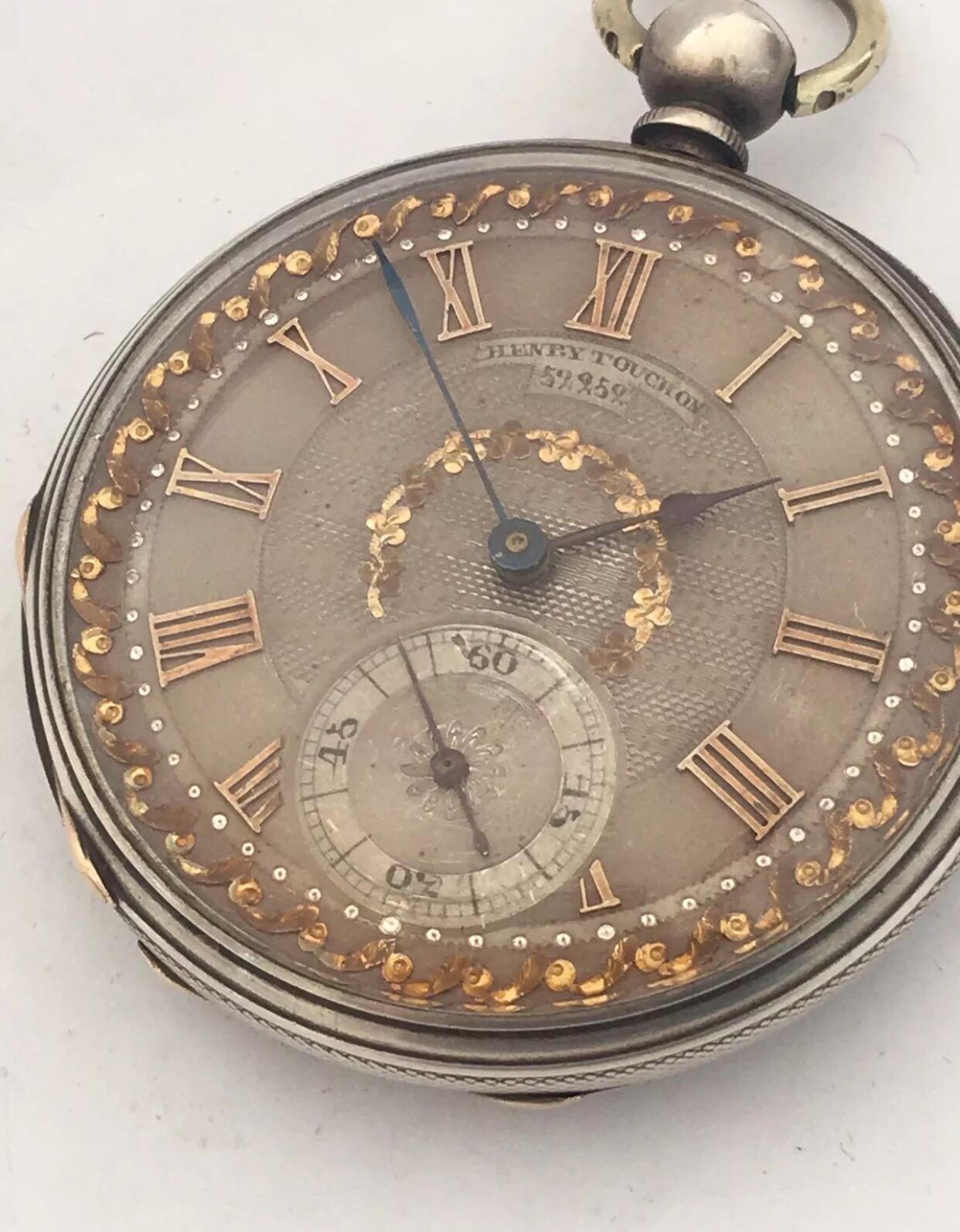 Antique Silver Inlaid Dial Pocket Watch Signed by Henry Touchon 1