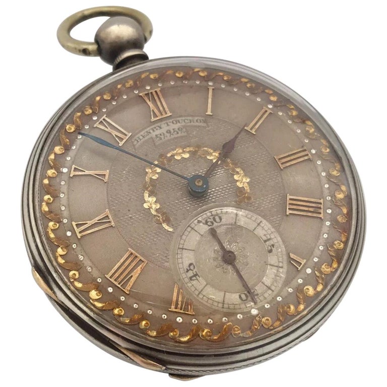 Antique Silver Inlaid Dial Pocket Watch Signed by Henry Touchon at