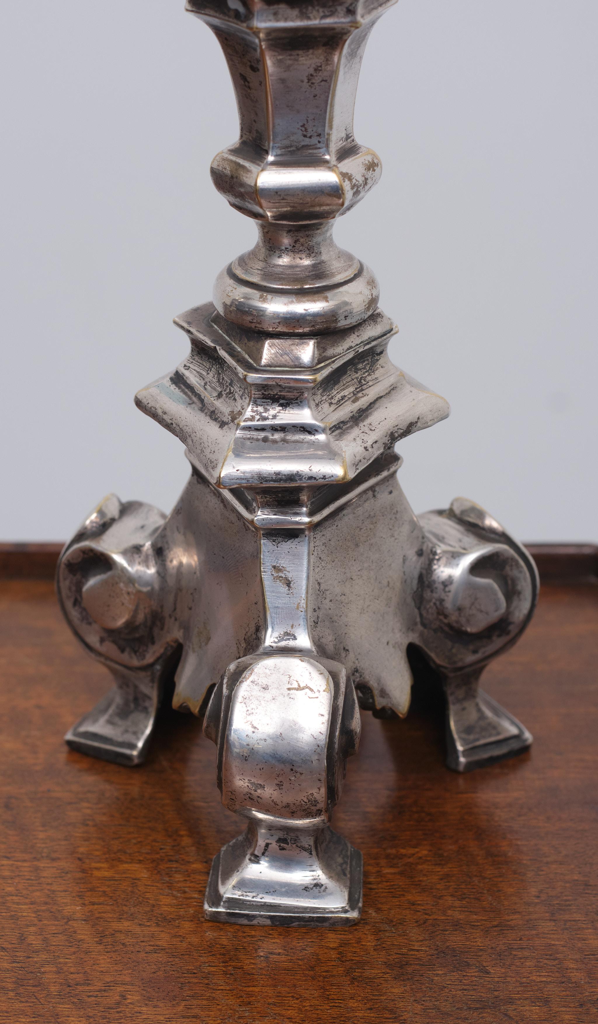 Rococo Revival Antique Silver Italian Rococo Lamp Stands 19 Century
