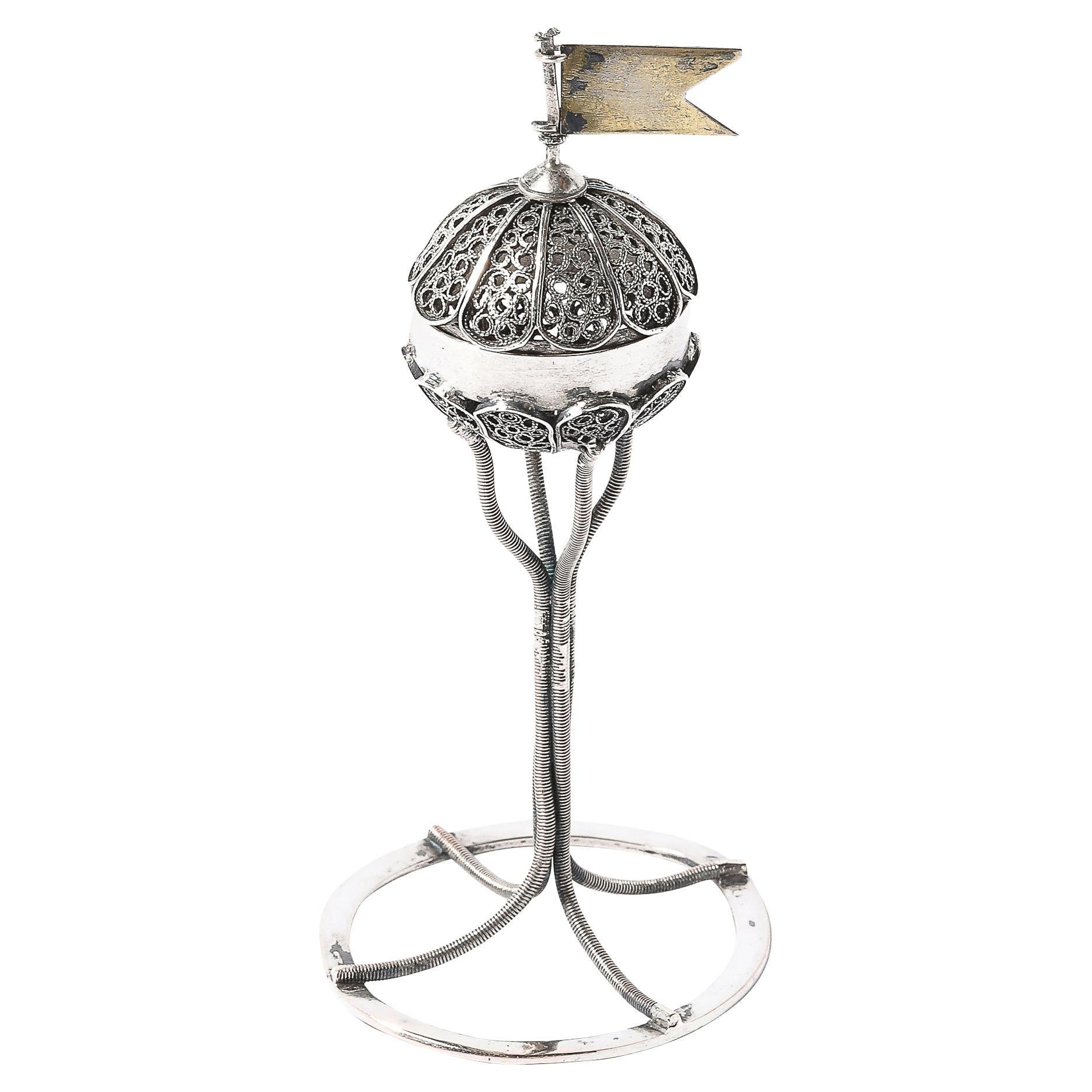 Antique Silver Judaica Spice Container with Vermeil Flag