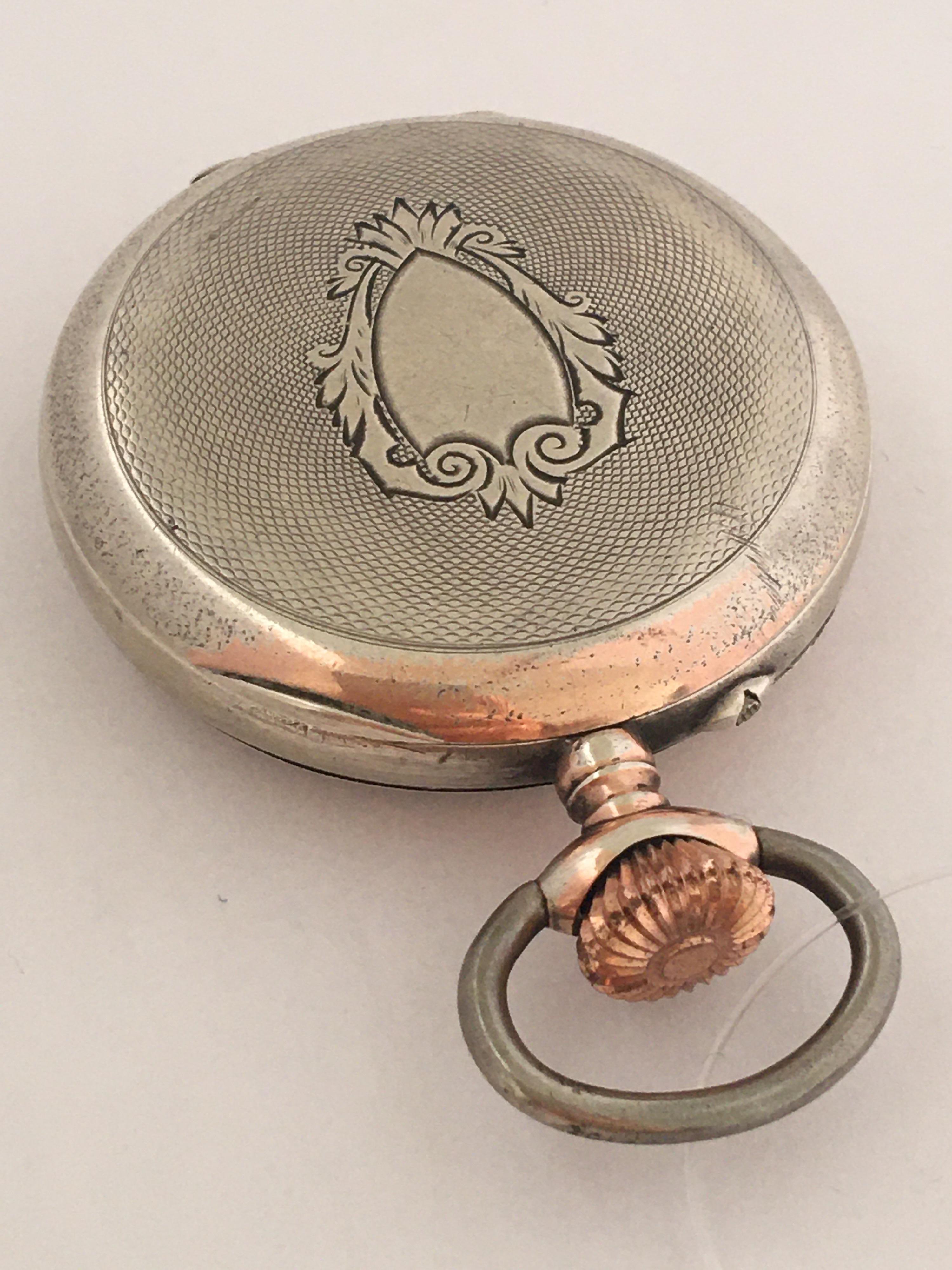 Antique Silver Key-Less Pocket Watch with Hand Painted Enamel Dial For Sale 3