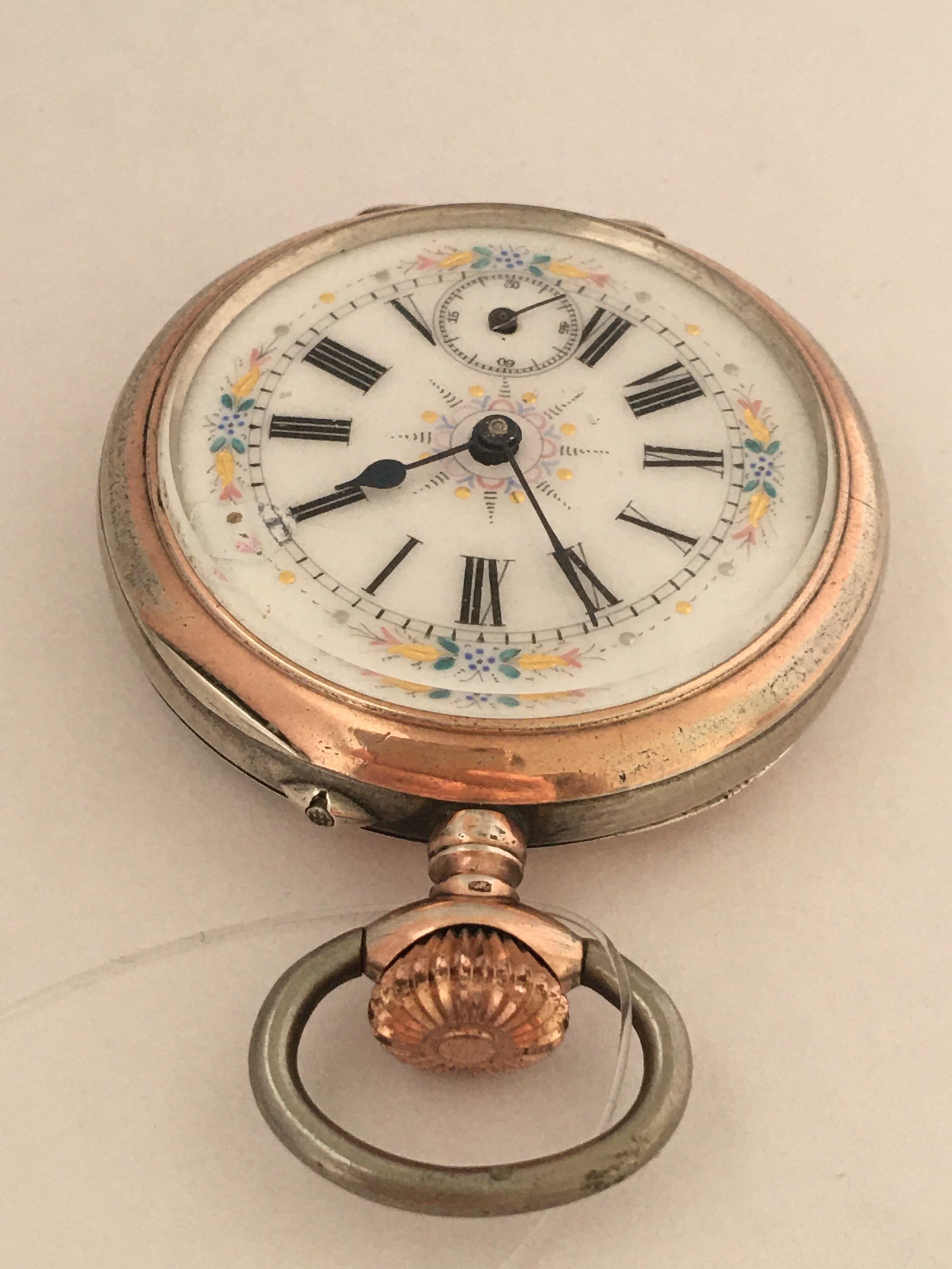 Antique Silver Key-Less Pocket Watch with Hand Painted Enamel Dial For Sale 4