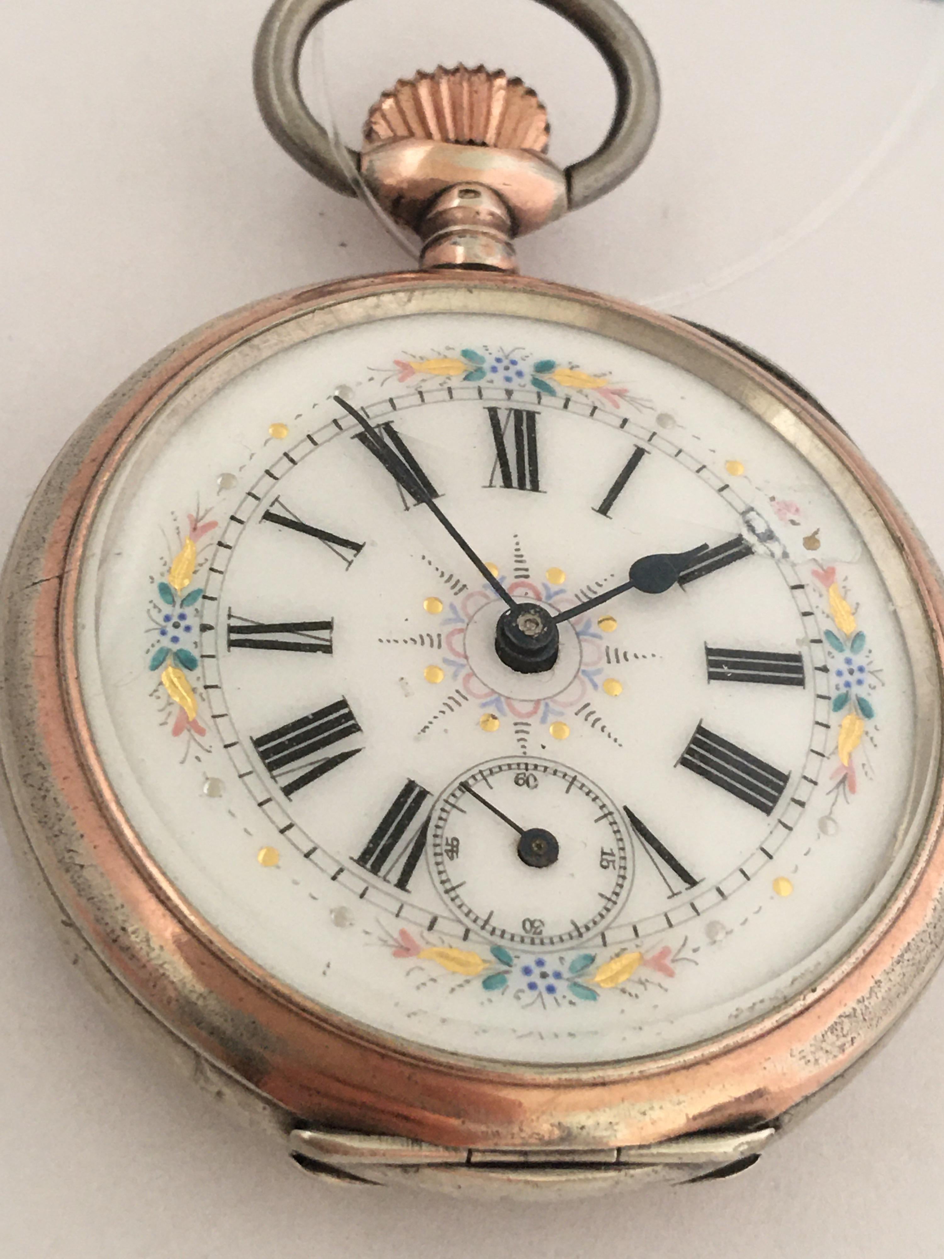 Antique Silver Key-Less Pocket Watch with Hand Painted Enamel Dial For Sale 5