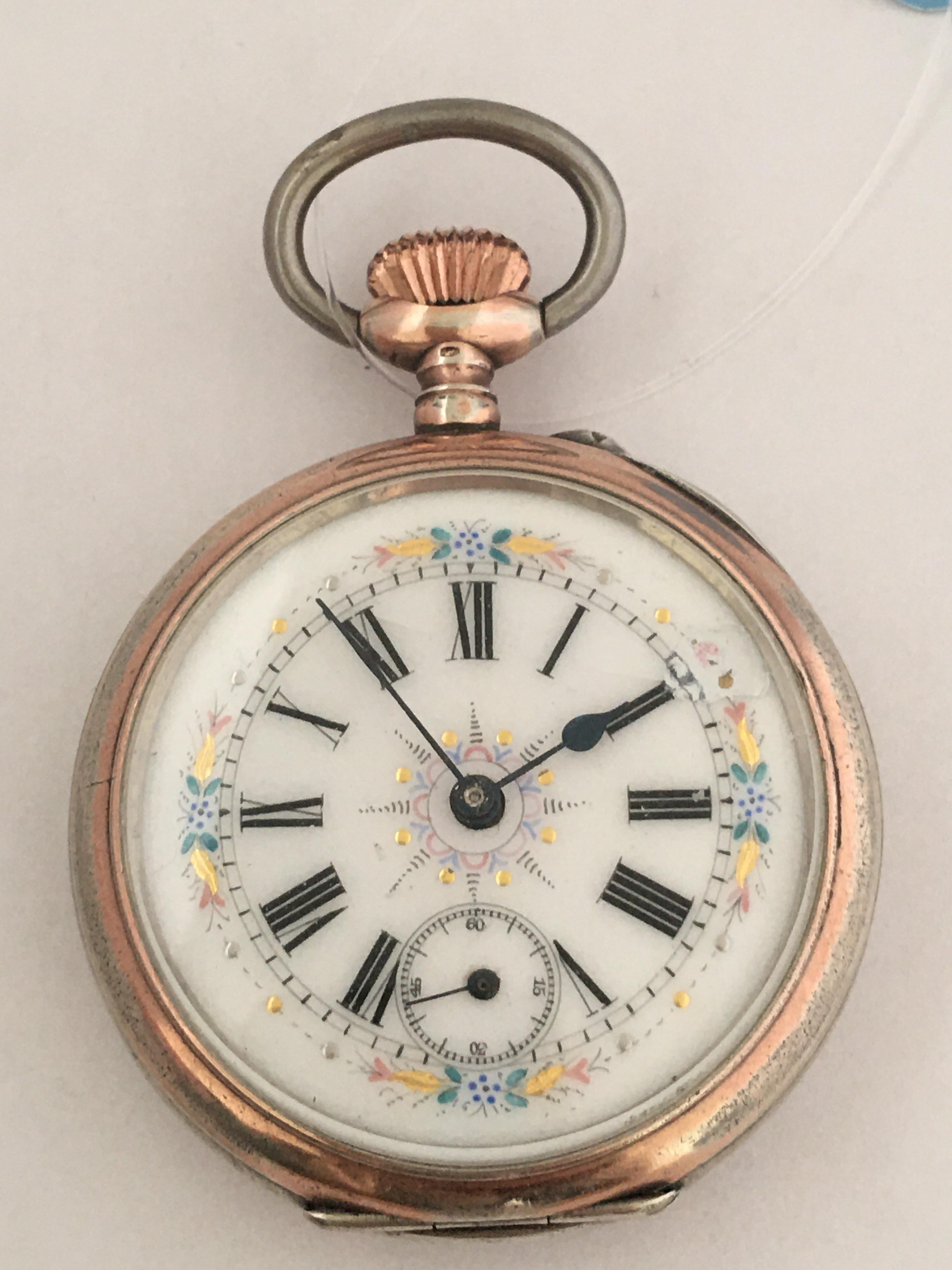 Antique Silver Key-Less Pocket Watch with Hand Painted Enamel Dial For Sale 6
