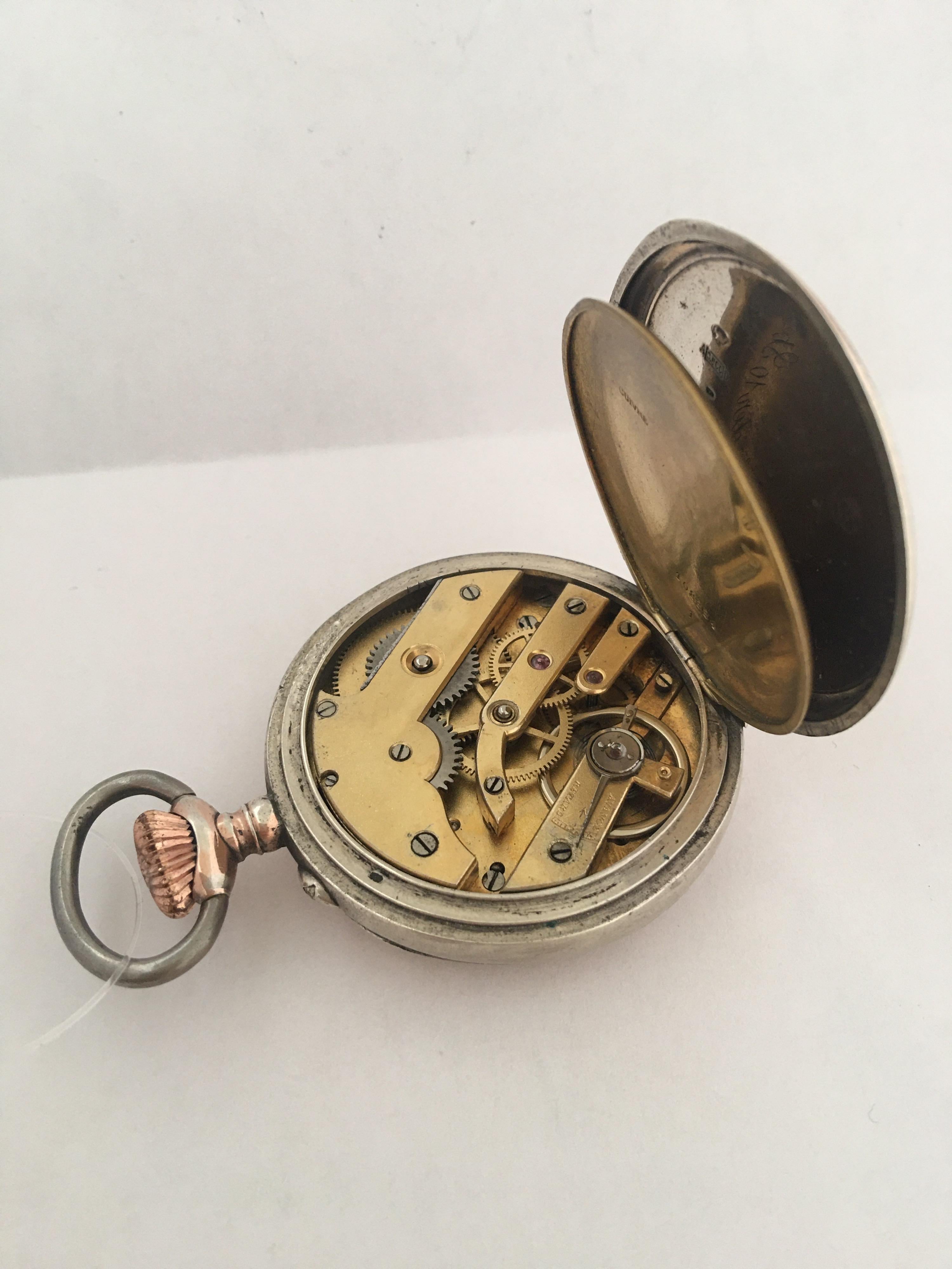 Antique Silver Key-Less Pocket Watch with Hand Painted Enamel Dial In Fair Condition For Sale In Carlisle, GB