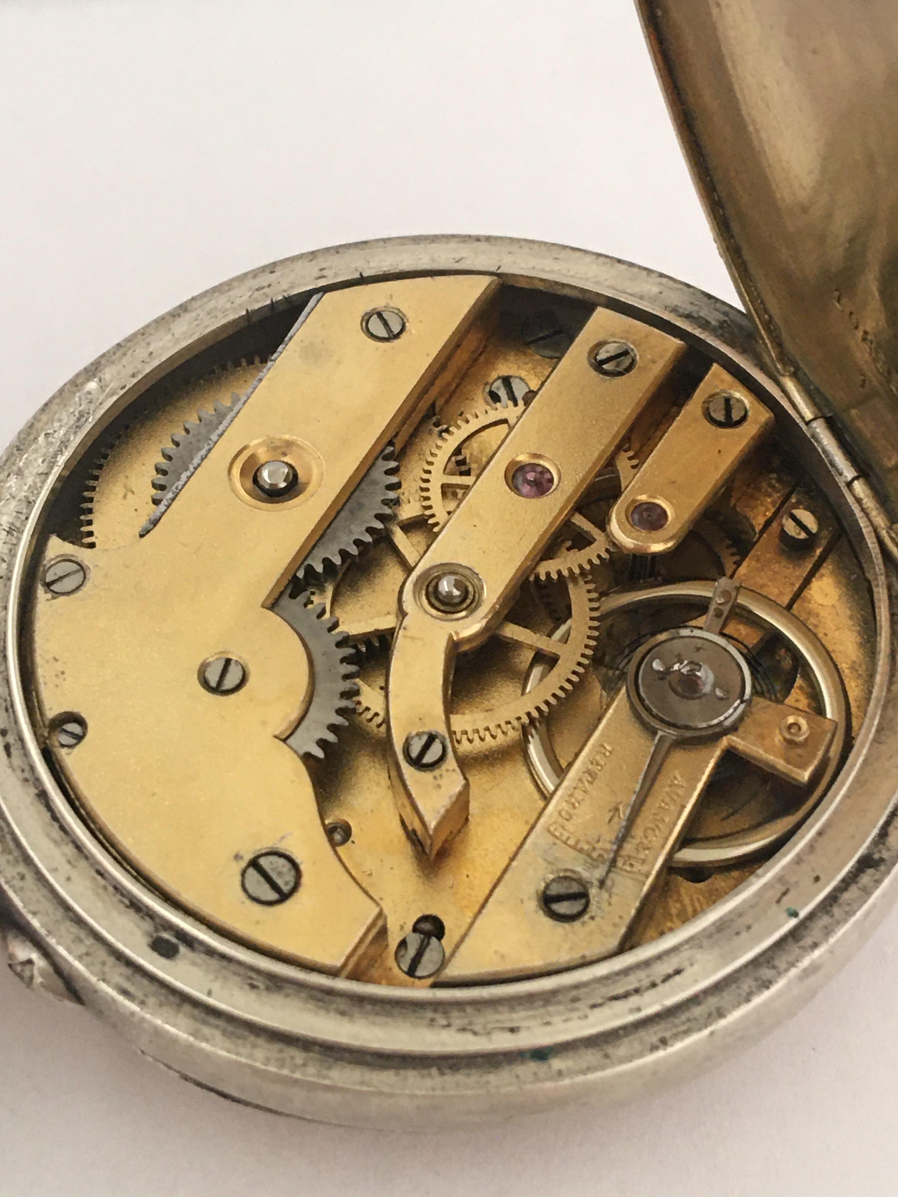 Women's or Men's Antique Silver Key-Less Pocket Watch with Hand Painted Enamel Dial For Sale