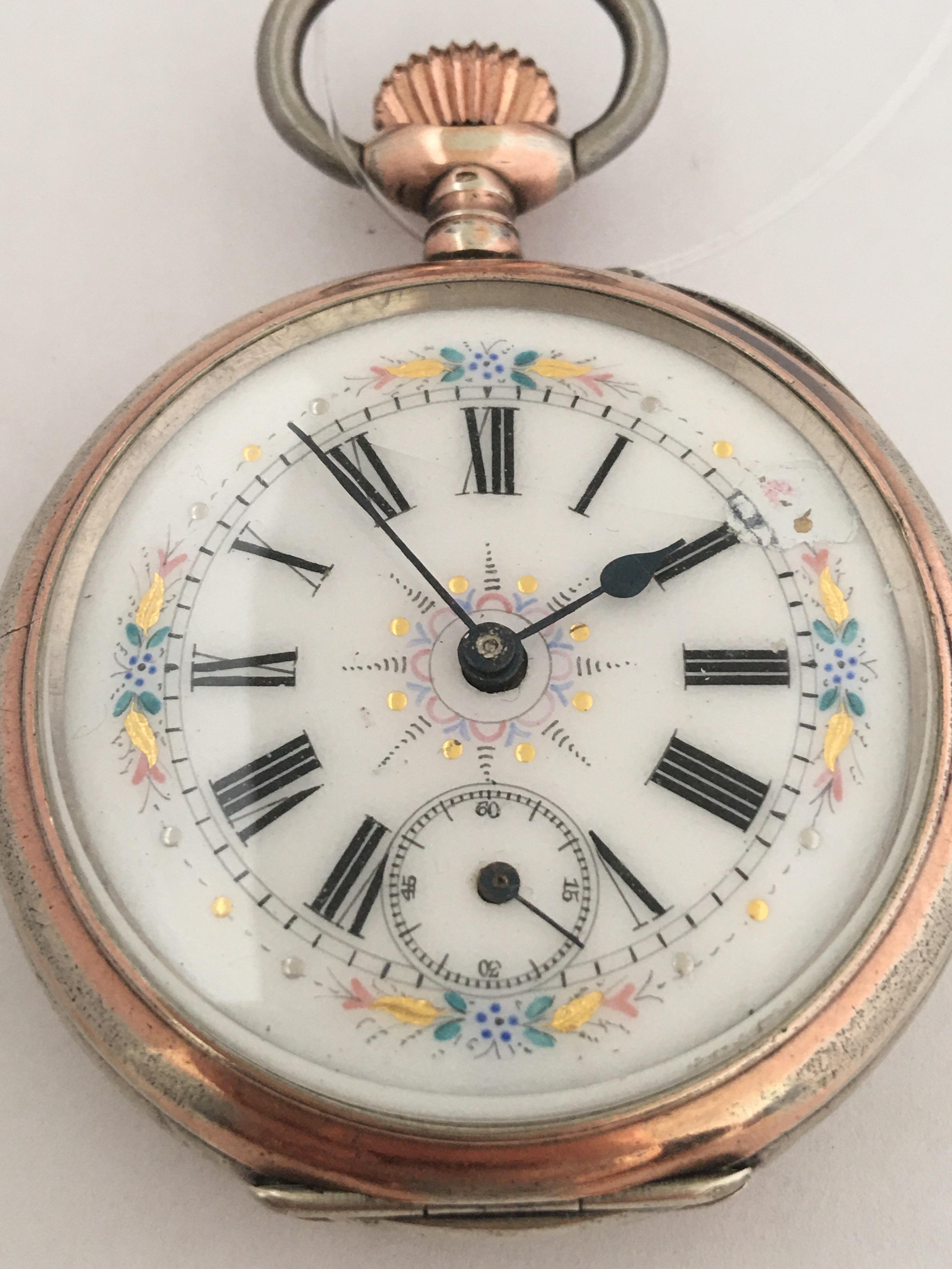 Antique Silver Key-Less Pocket Watch with Hand Painted Enamel Dial For Sale 1