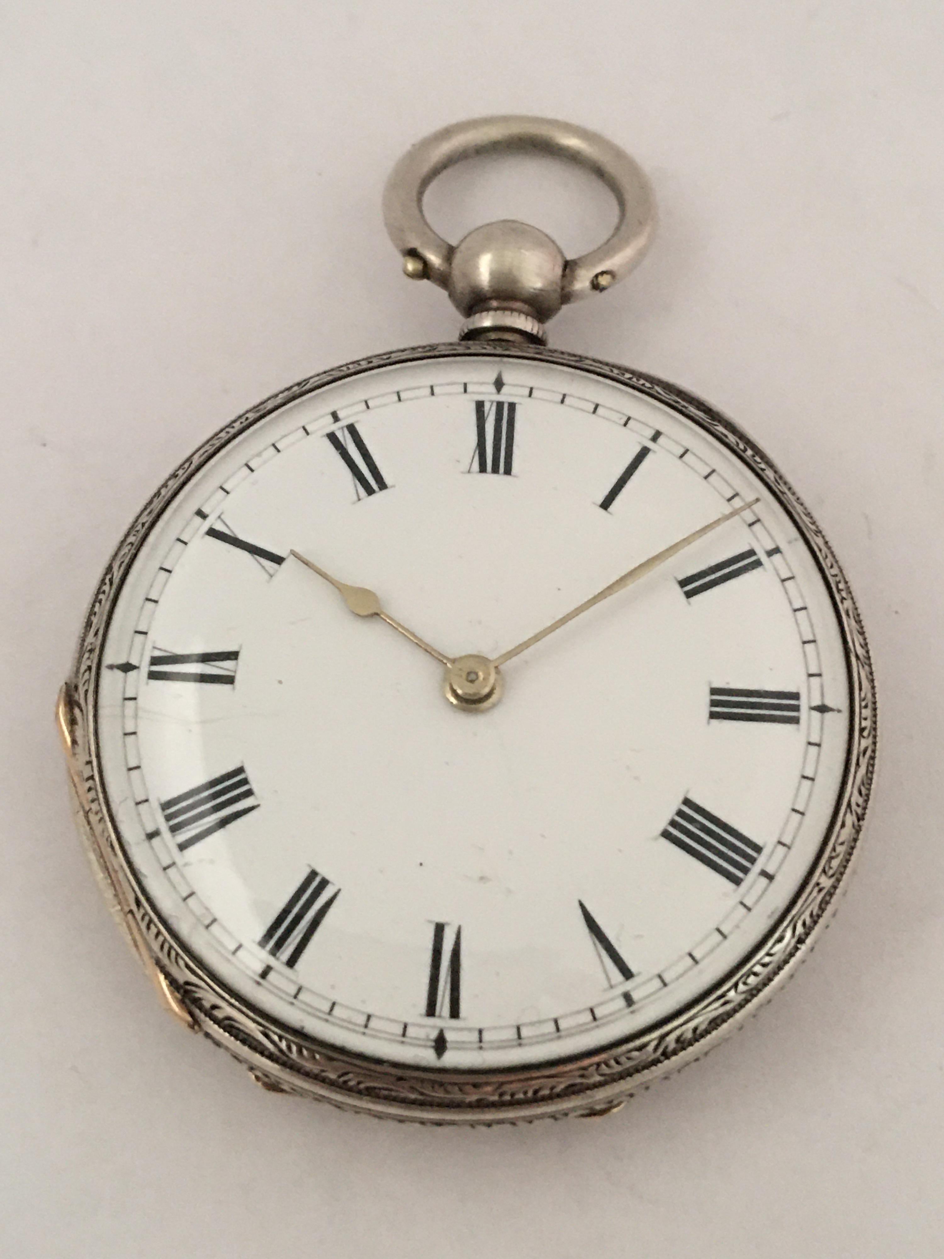This beautiful antique silver pocket watch is in good working condition. It has been serviced and it is running well. It comes with antique winding key.

Please study the images carefully carefully as form part of the description.