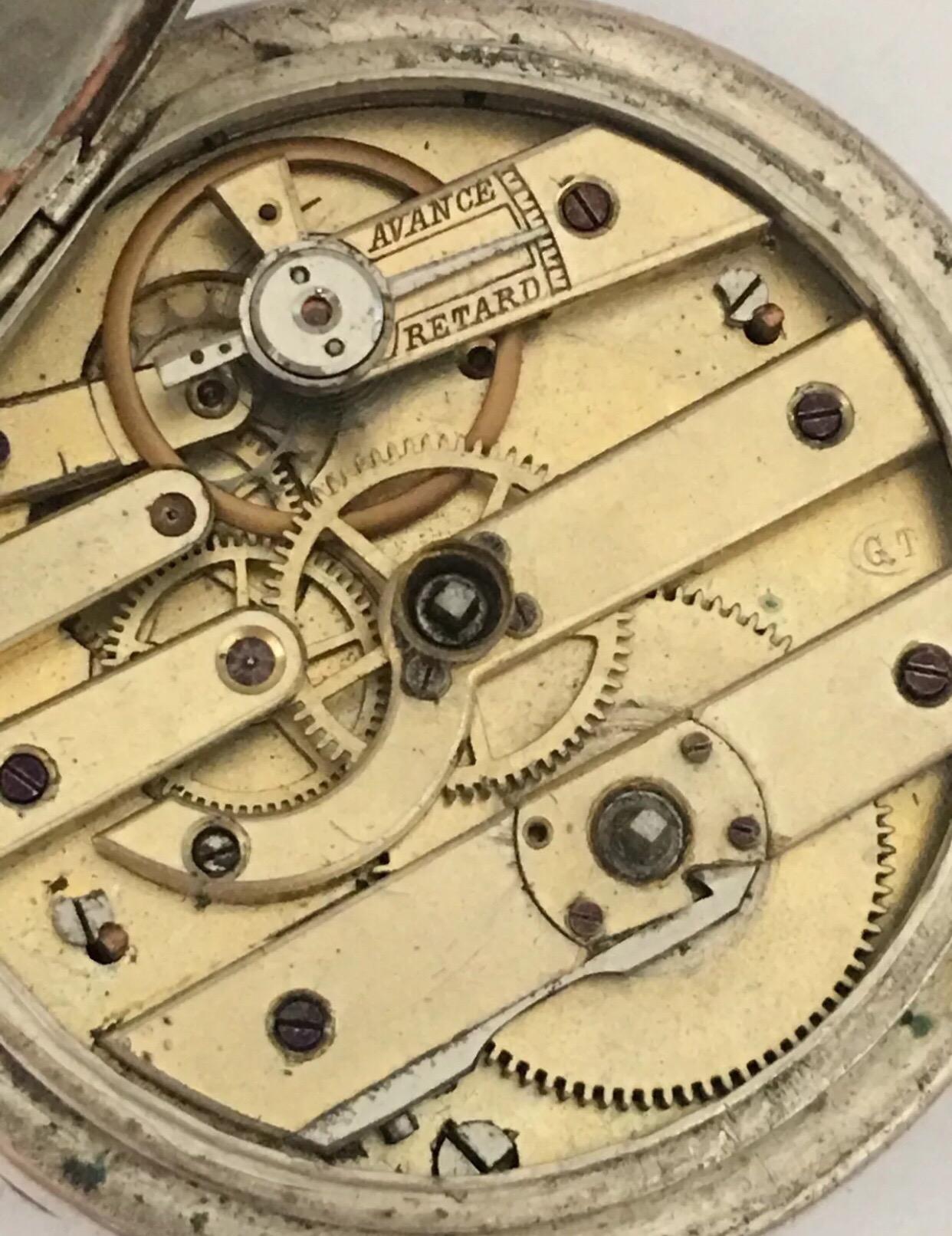 Women's or Men's Antique Silver Key-Wind Pocket Watch Signed GT For Sale