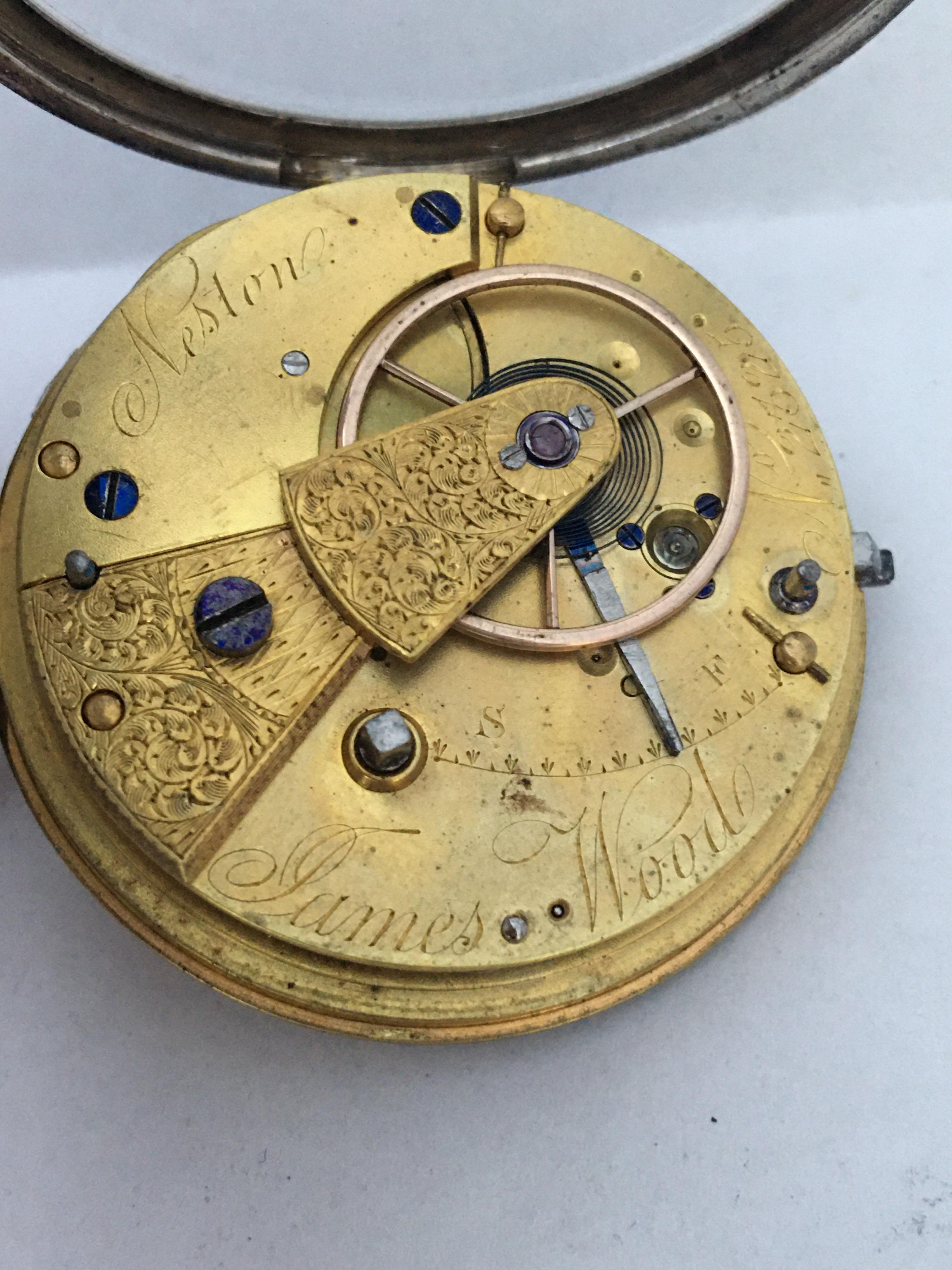 Antique Silver Key-Wind Pocket Watch Signed James Wood Neston For Sale 4