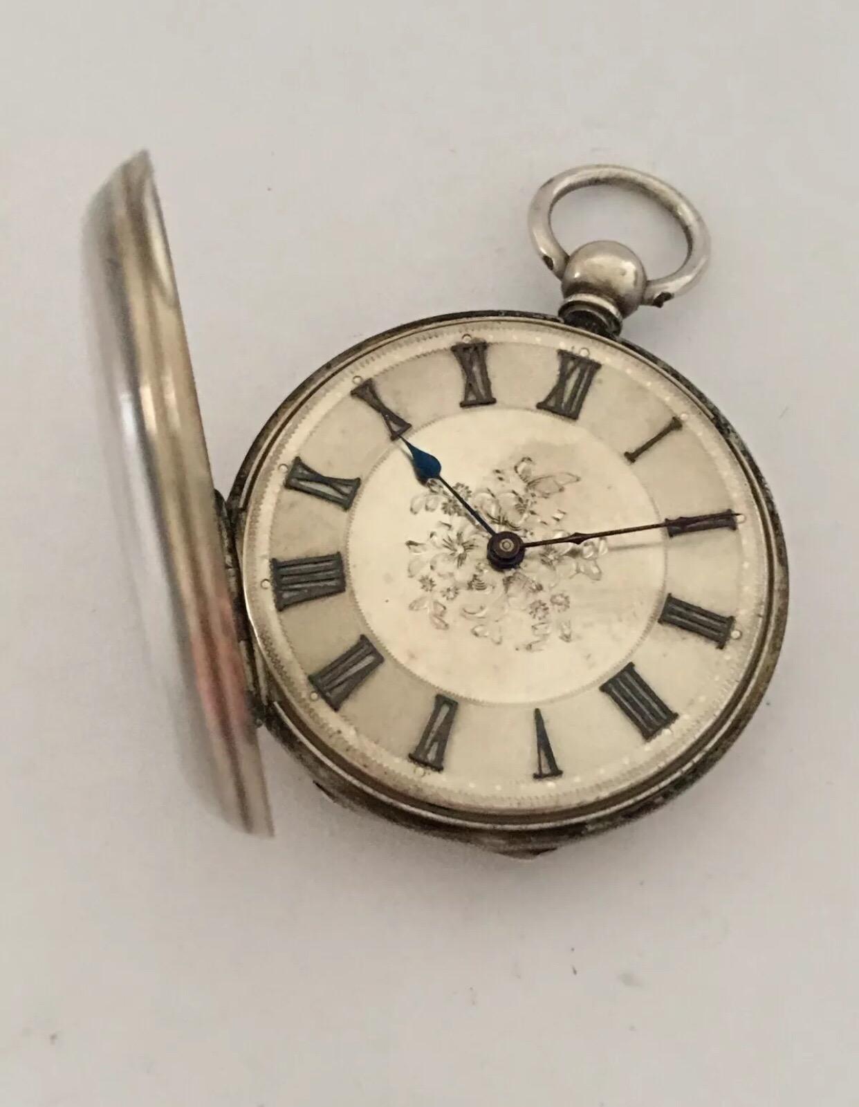 Women's or Men's Antique Silver Key-Wind Pocket Watch with Silver Dial For Sale