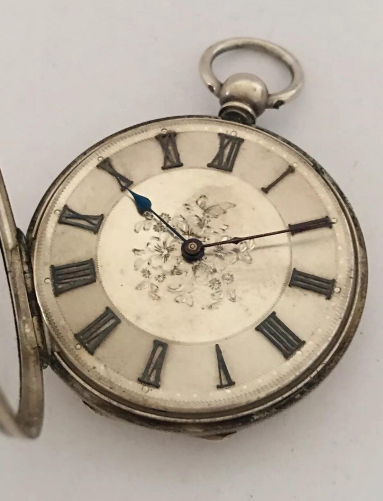 Antique Silver KeyWind Pocket Watch with Silver Dial For Sale at