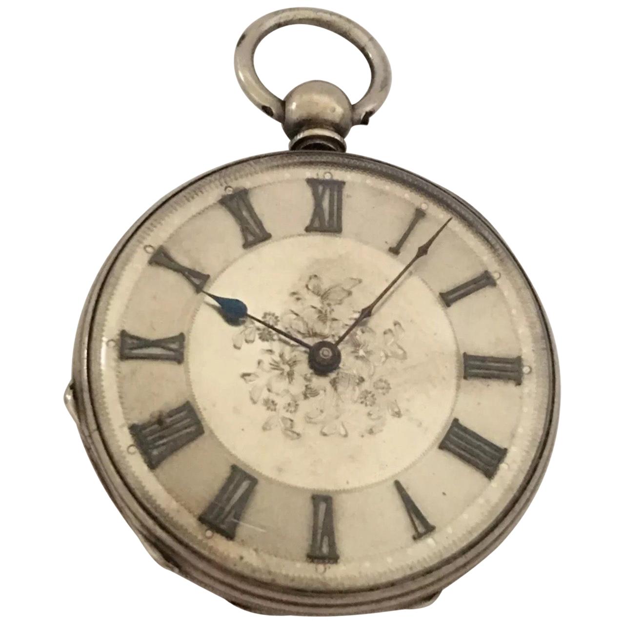 Antique Silver Key-Wind Pocket Watch with Silver Dial For Sale