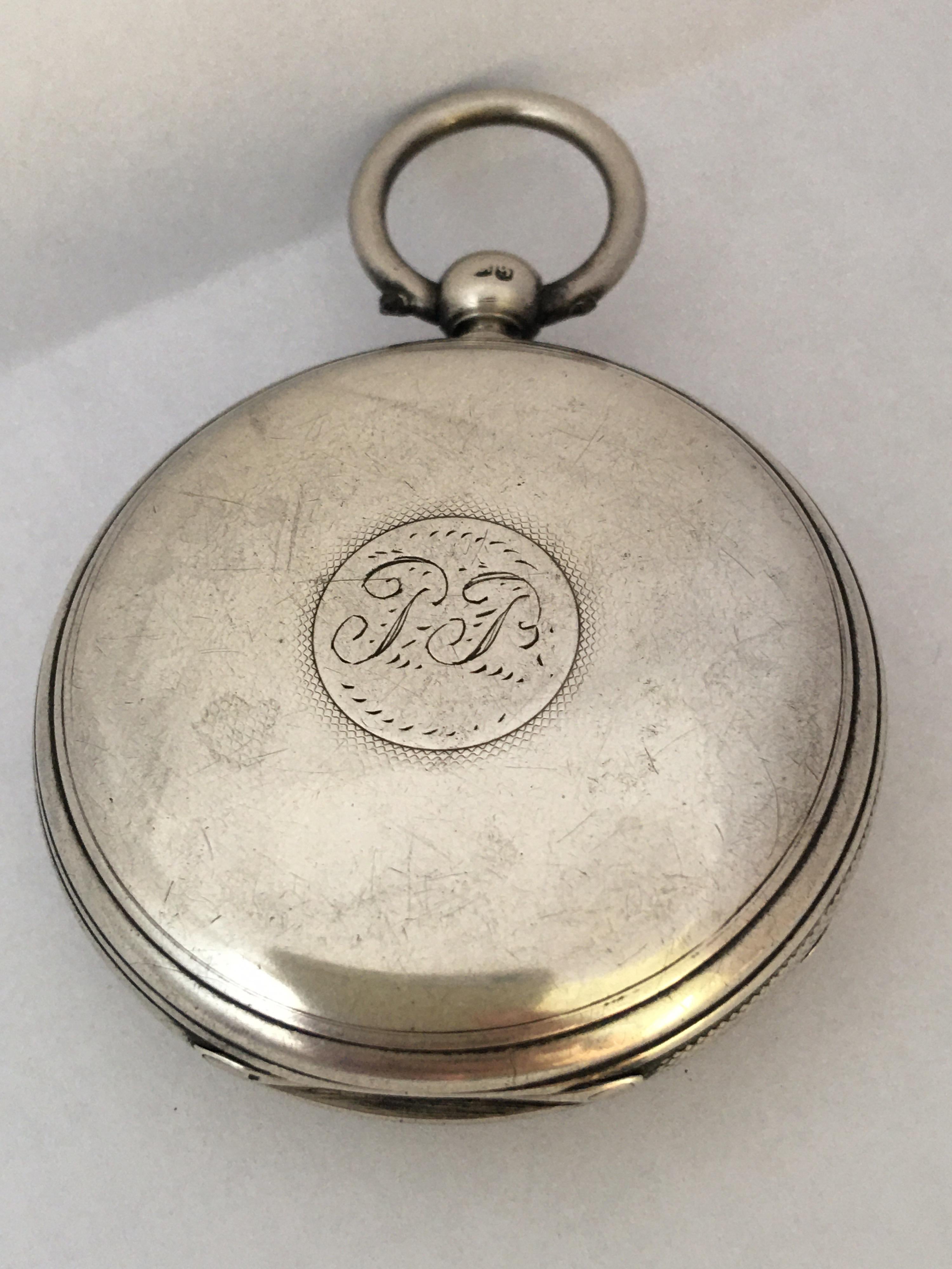 This beautiful 47mm diameter antique key- wound pocket watch is in good working condition and it is ticking well. It is recently been serviced. Visible signs of ageing and wear with small and light scratches on the watch silver case as shown. It