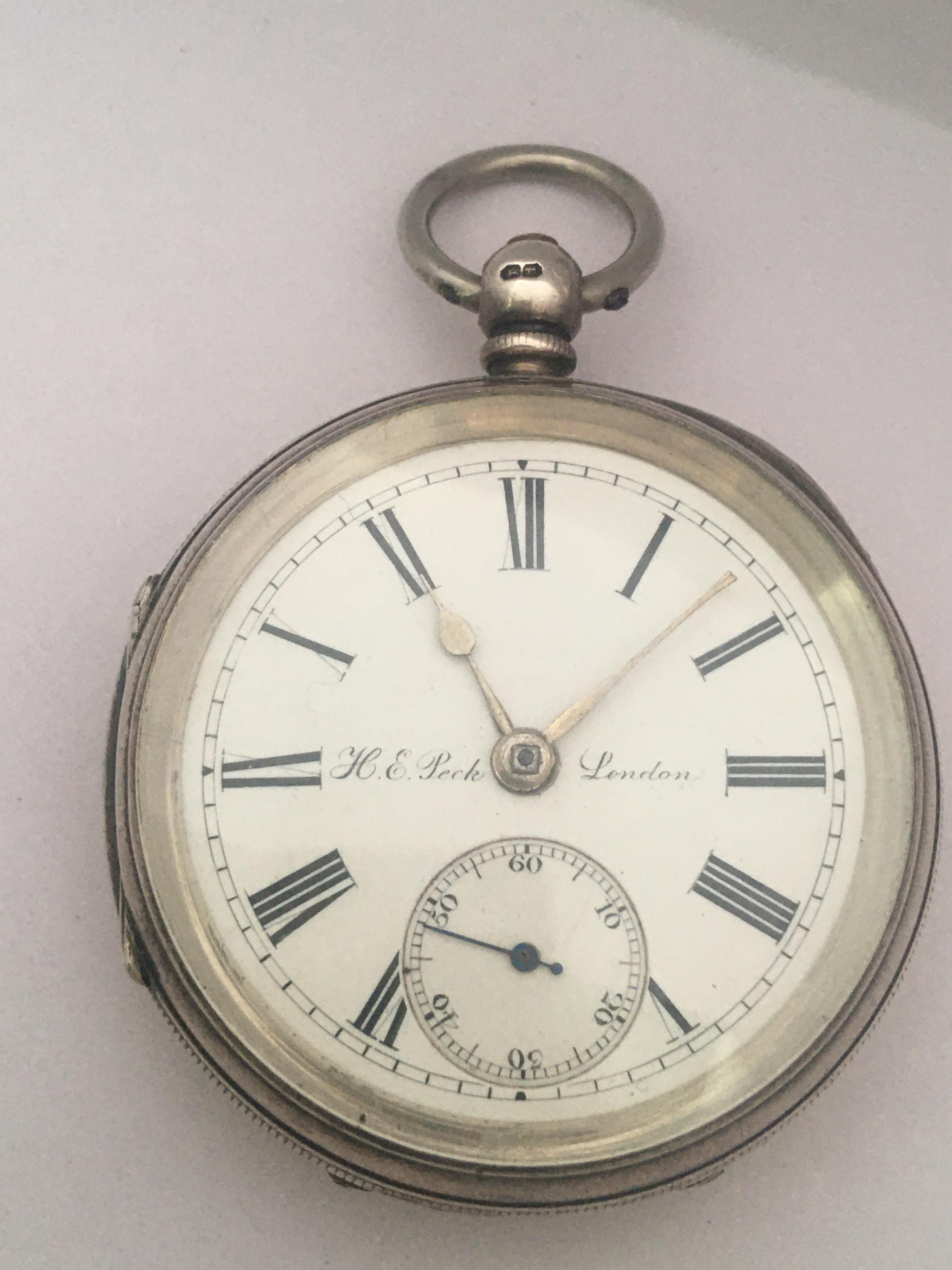 Antique Silver Key Winding Pocket Watch Signed H. E. Peck London For Sale 12