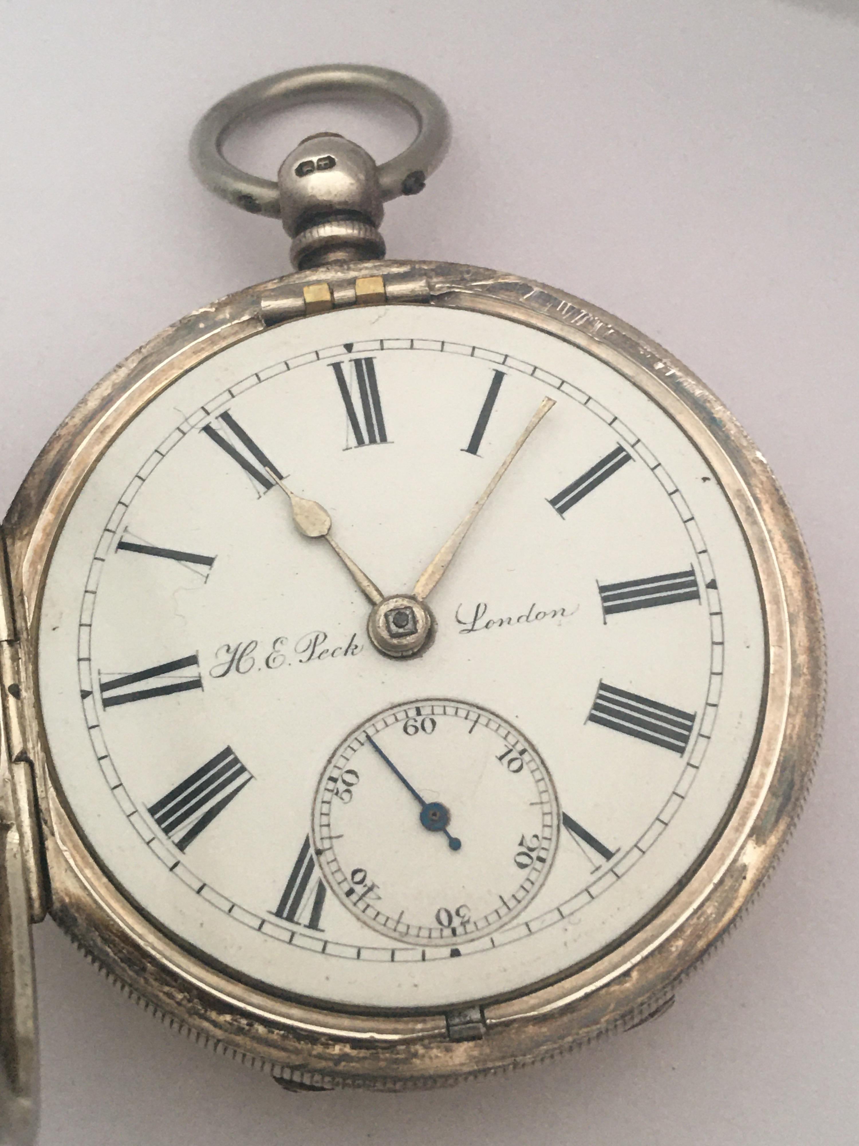Antique Silver Key Winding Pocket Watch Signed H. E. Peck London In Good Condition For Sale In Carlisle, GB