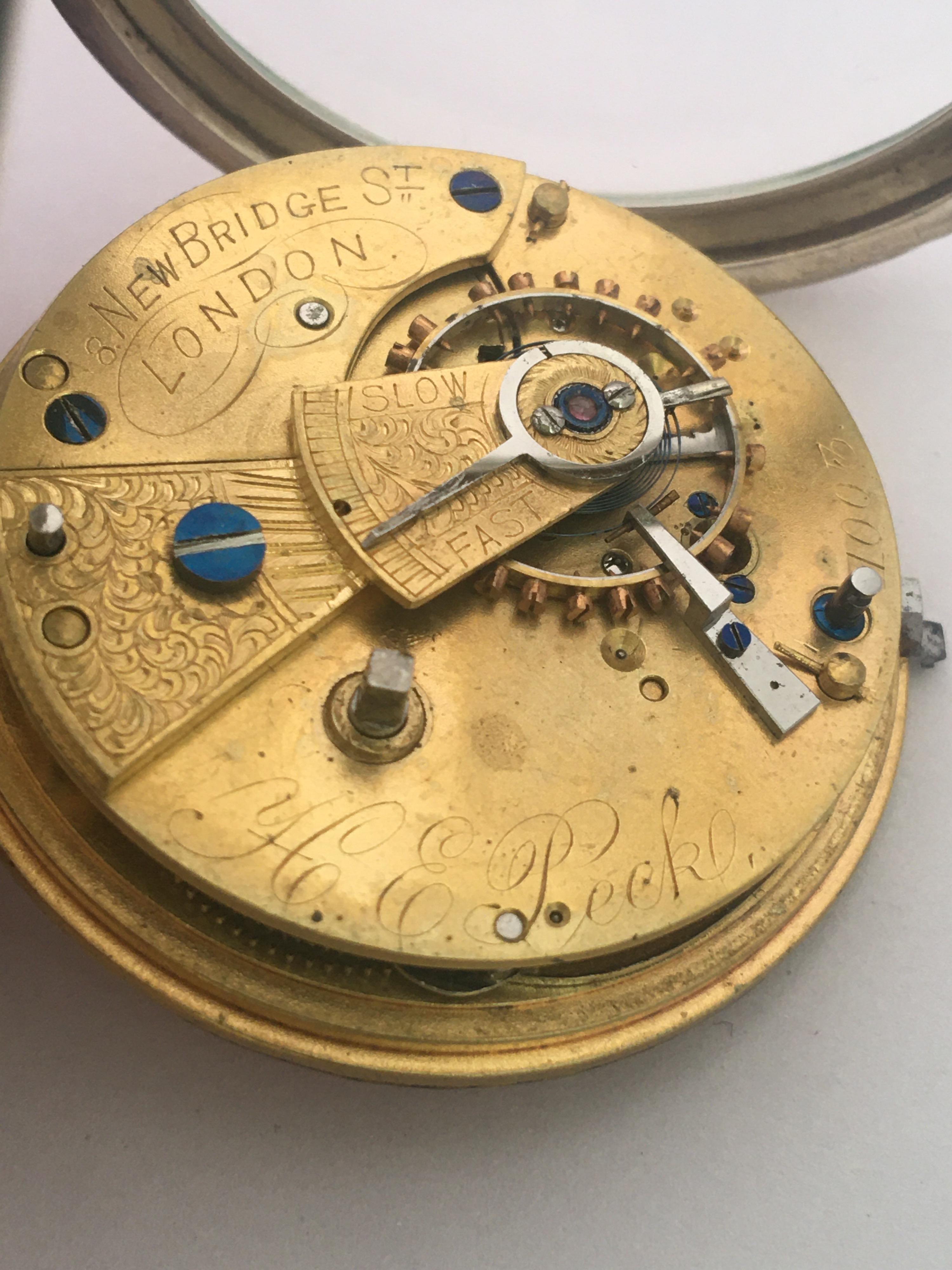 Women's or Men's Antique Silver Key Winding Pocket Watch Signed H. E. Peck London For Sale