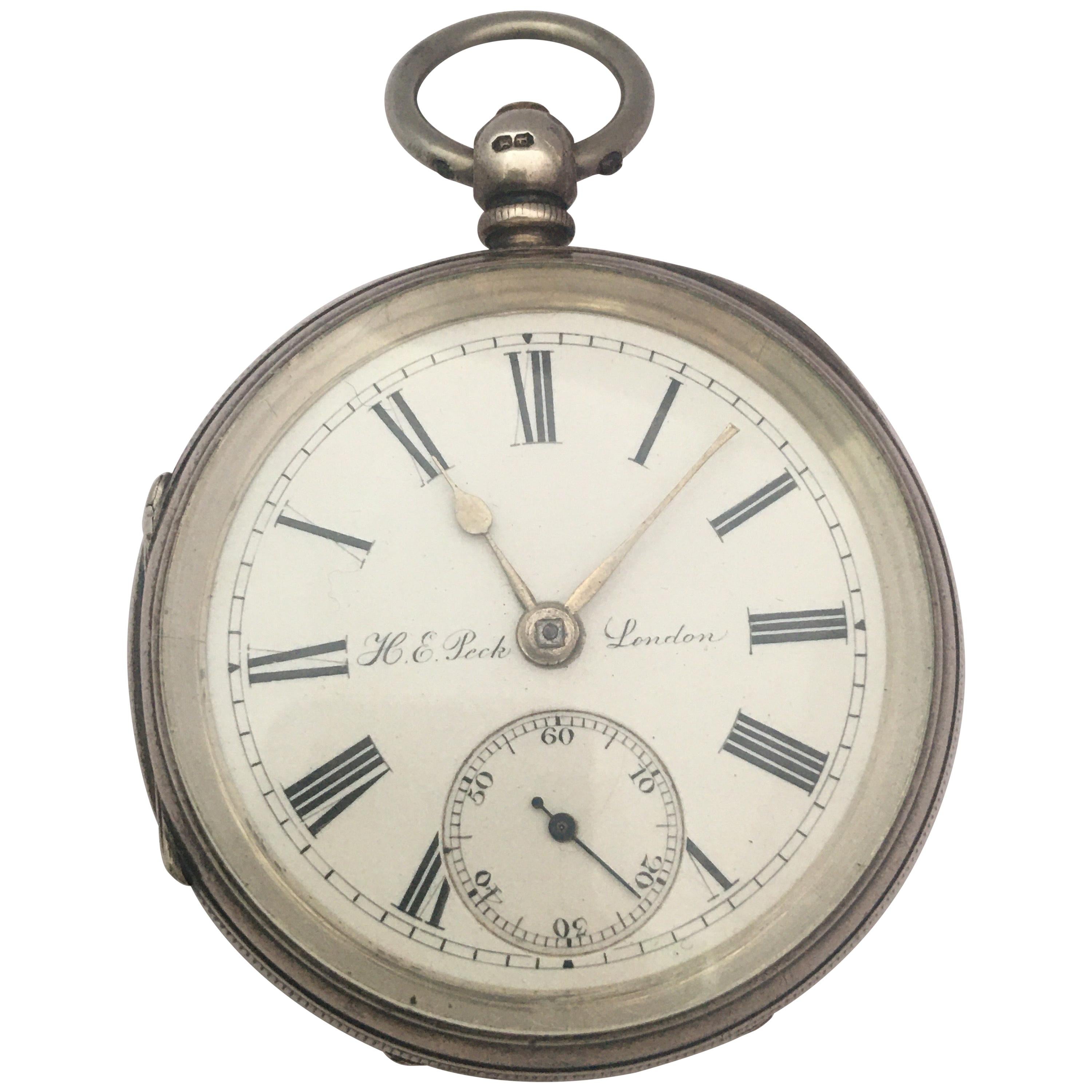 Antique Silver Key Winding Pocket Watch Signed H. E. Peck London For Sale