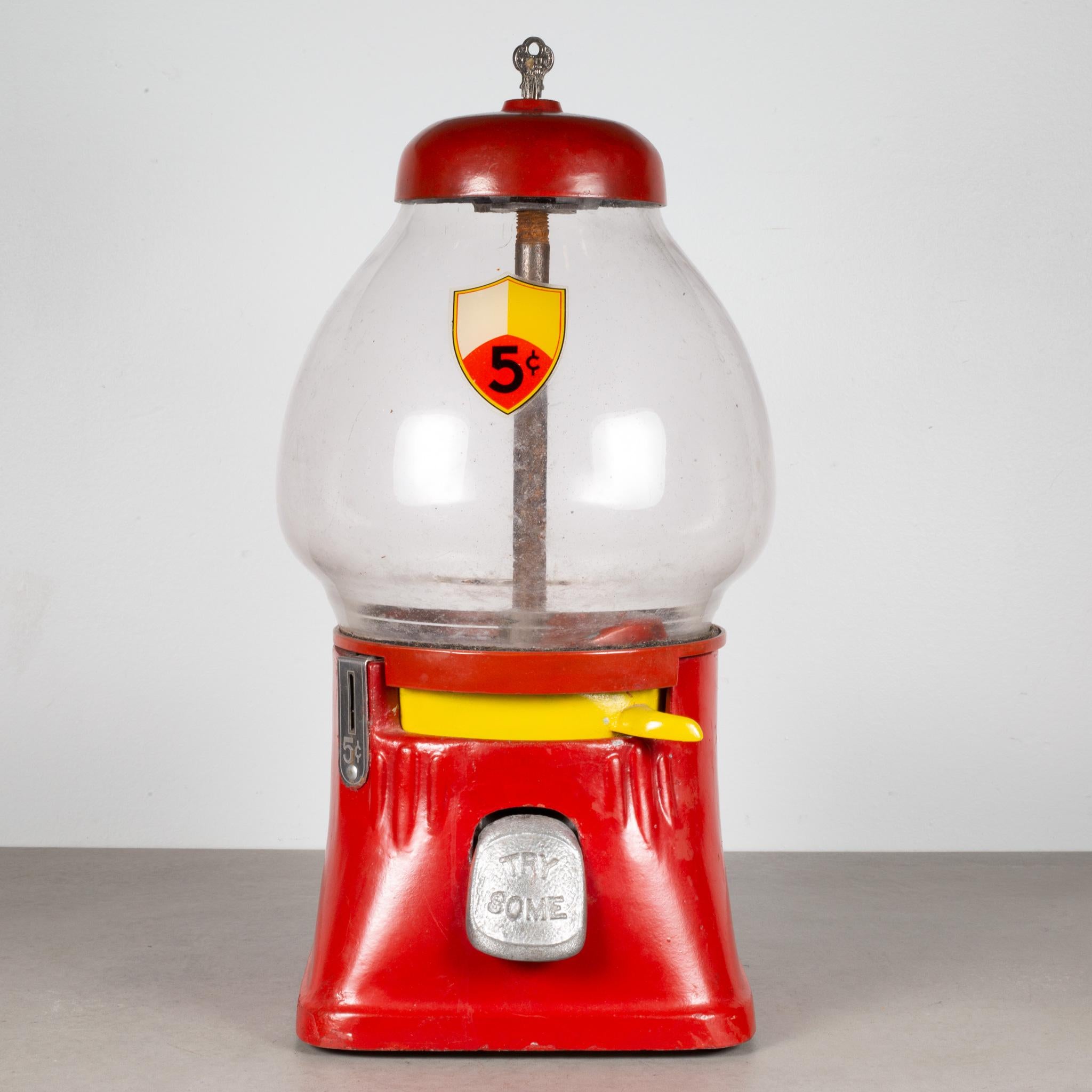ABOUT

An antique 5 cent gum ball machine with hand blown glass globe, red cast iron body, yellow pull lever and original 5 cent decal. 