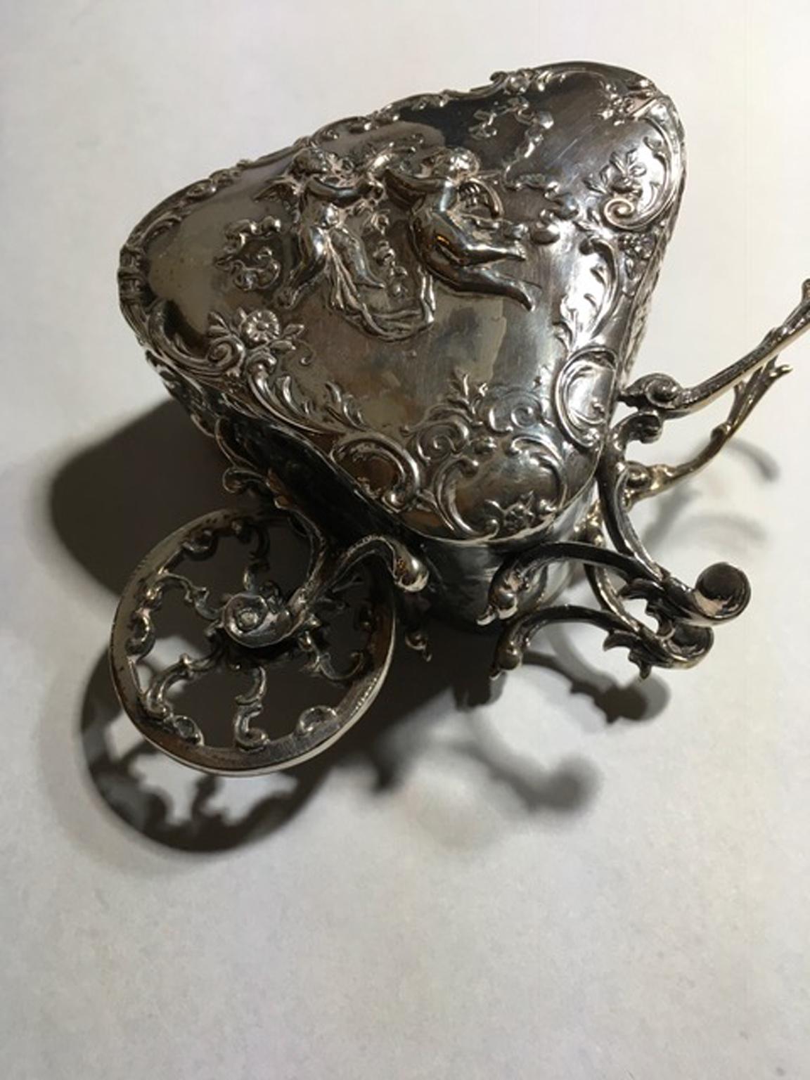 Italian Italy Late 19th Century Sterling Silver Baroque Little Love Cart  For Sale