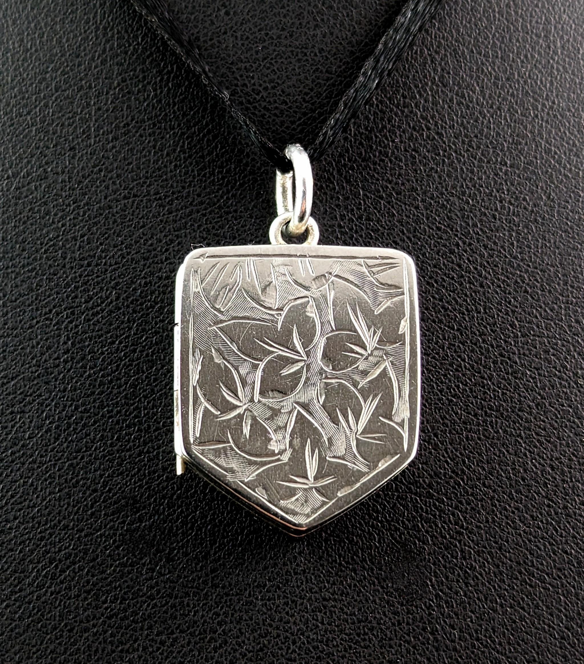 Women's or Men's Antique Silver Locket Pendant, Leaf Engraved, Shield Shaped For Sale