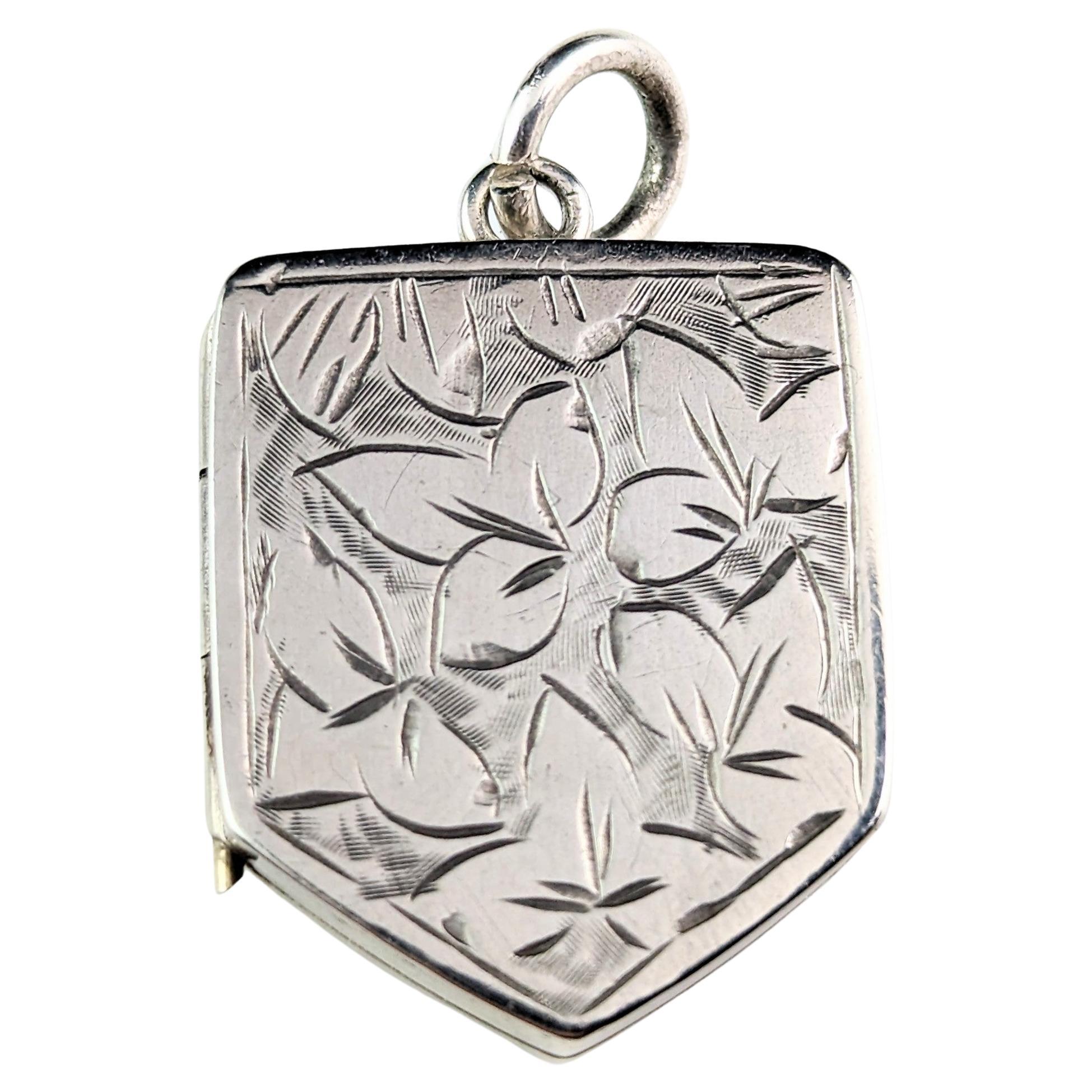 Antique Silver Locket Pendant, Leaf Engraved, Shield Shaped