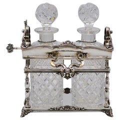 Antique Silver Locking Tantalus Original Decanters and Labels Europe Estate Find