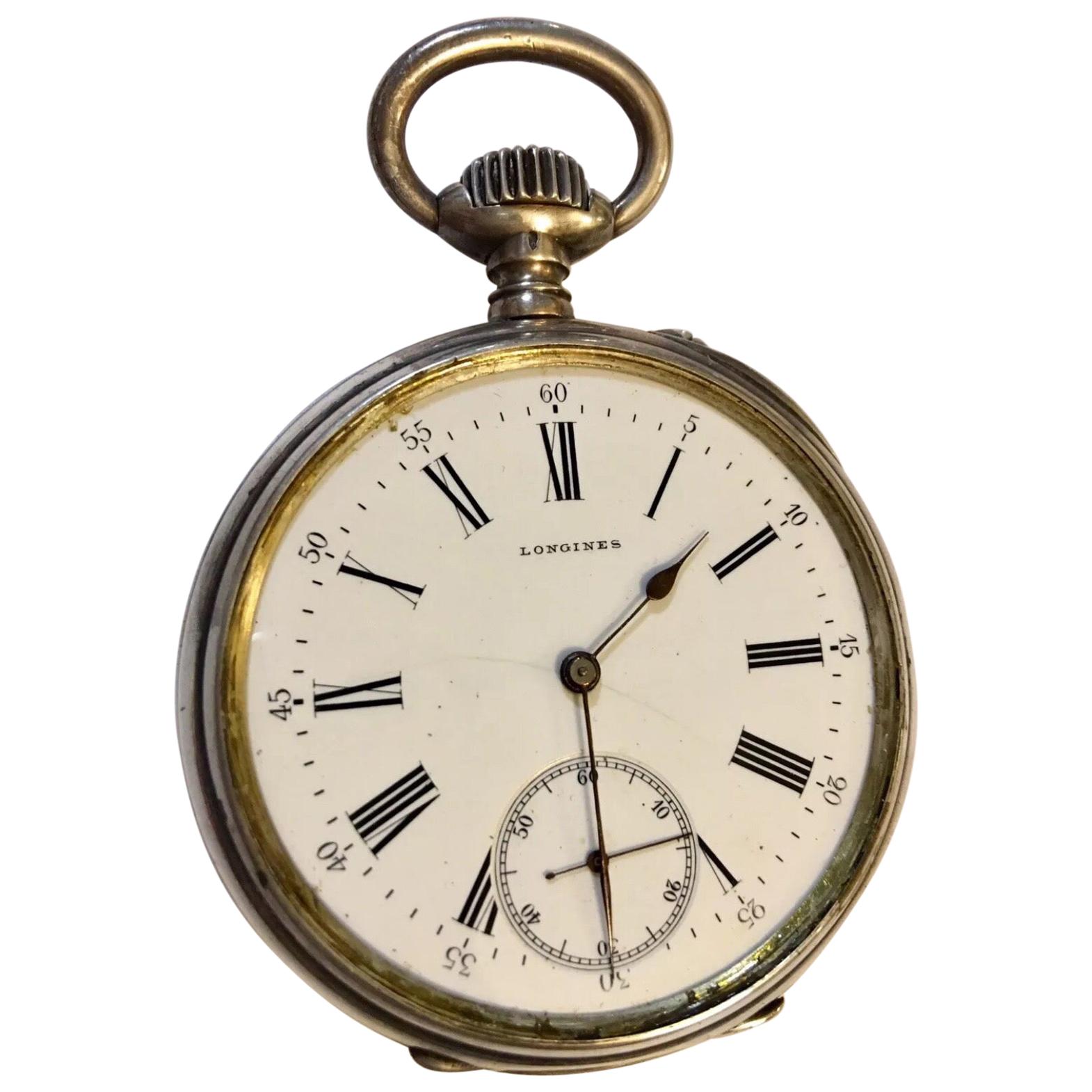 Antique Silver Longines Pocket Watch For Sale