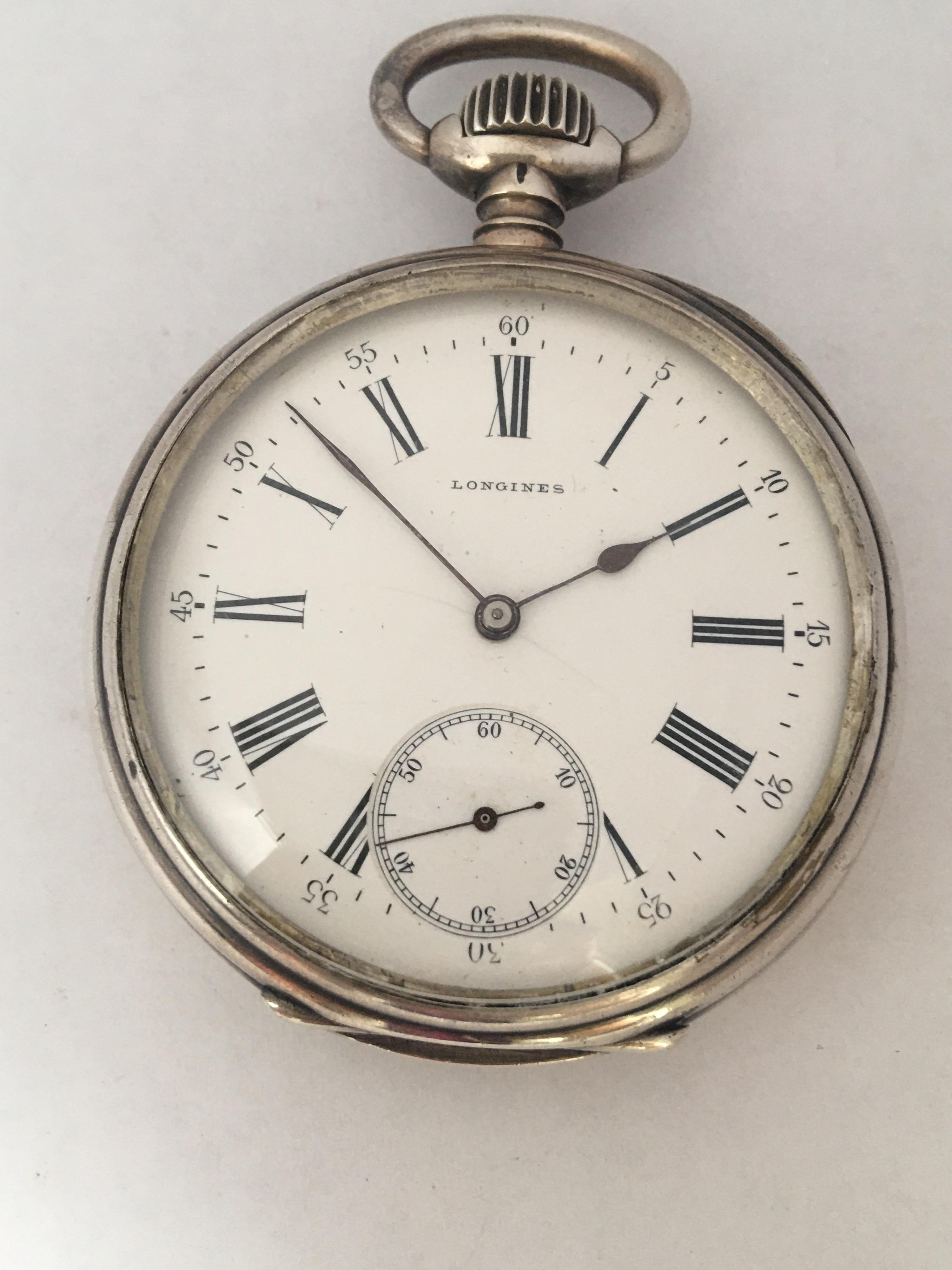 Antique Silver Longines Stem winding Pocket Watch 9