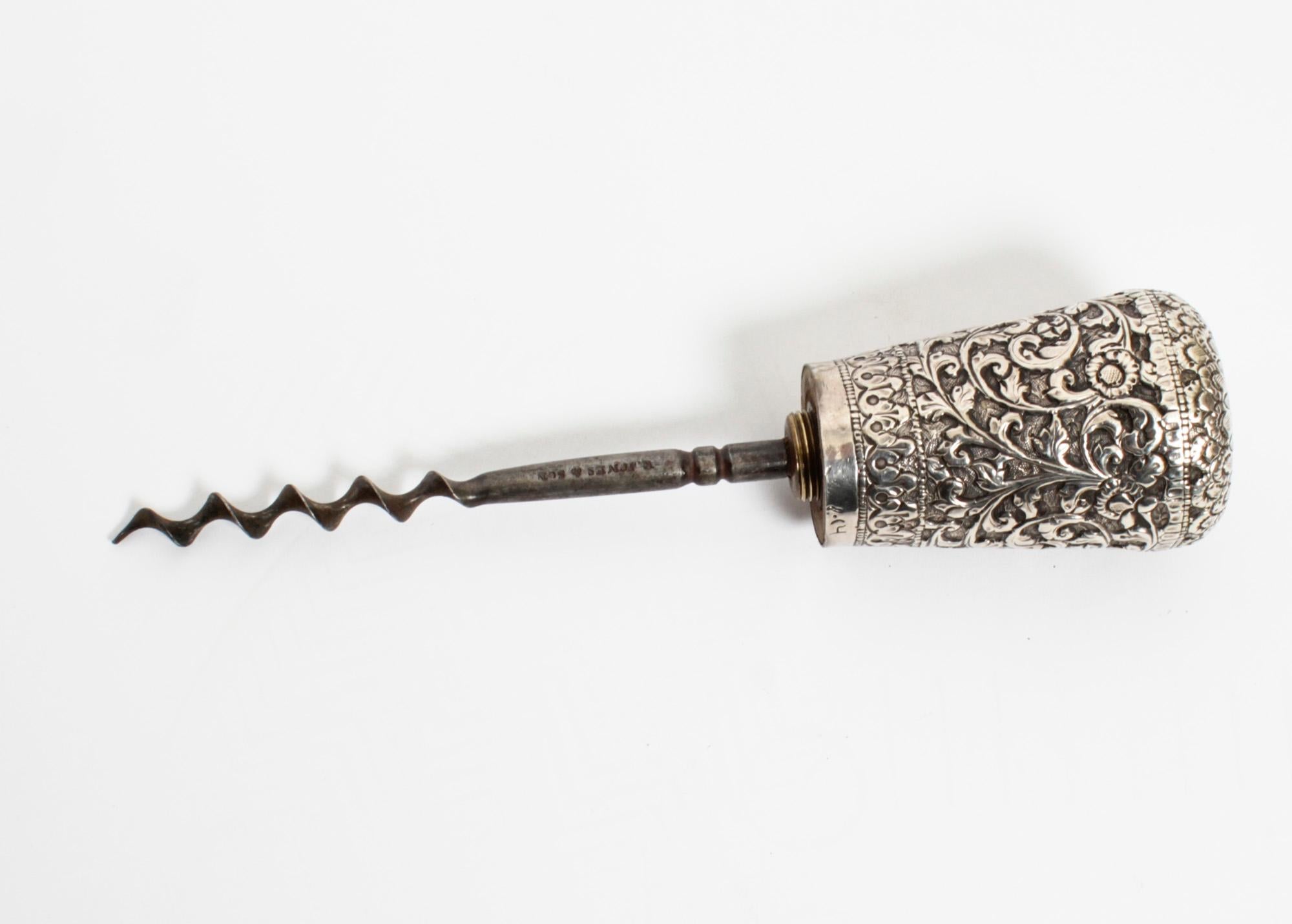Antique Silver & Malacca Walking Stick Cane Cork Screw, 19th Century 2