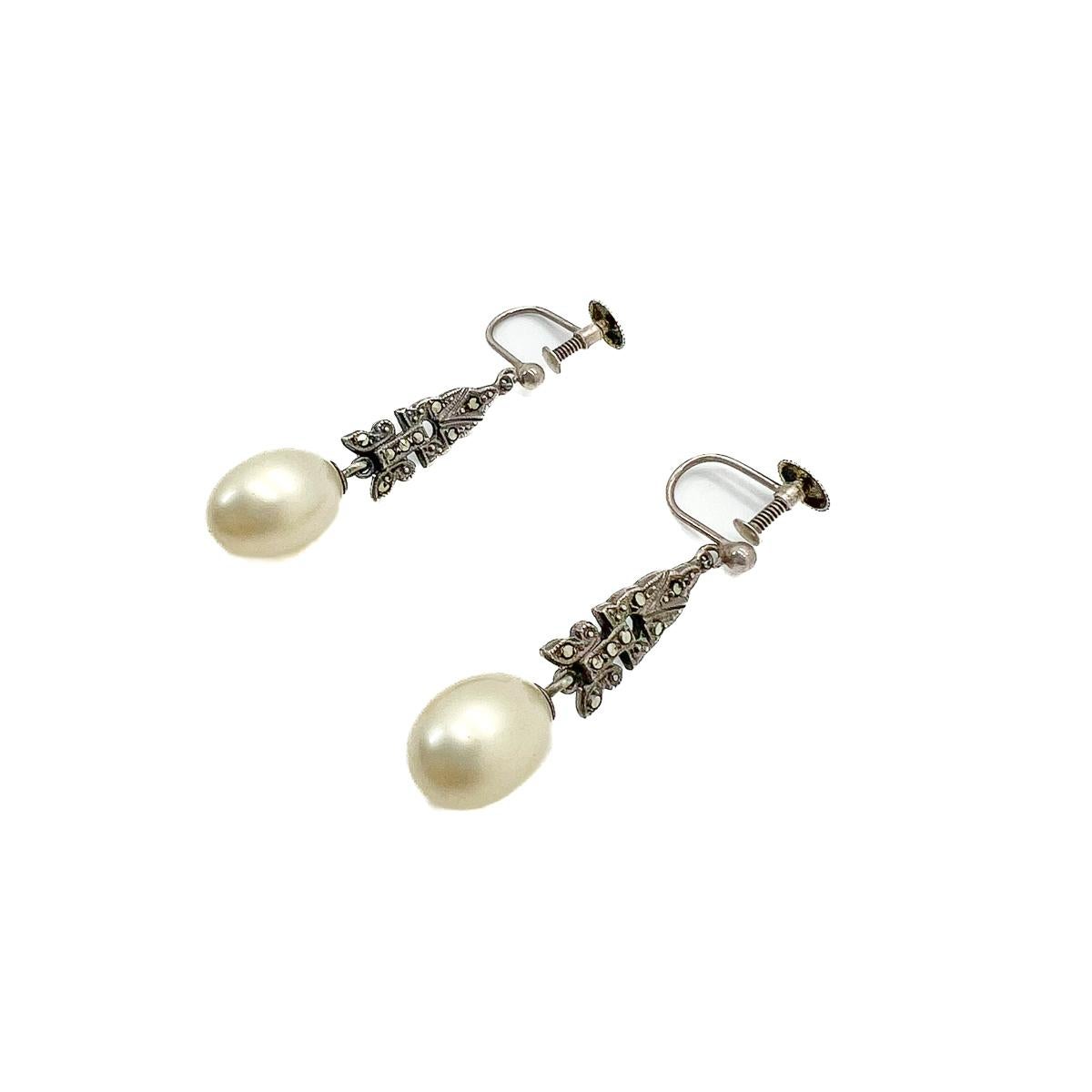 Antique Silver & Marcasite Pearl Earrings 1920s In Good Condition For Sale In Wilmslow, GB