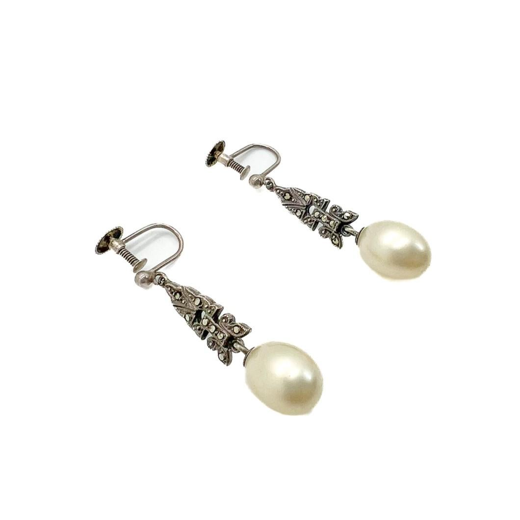Women's or Men's Antique Silver & Marcasite Pearl Earrings 1920s For Sale