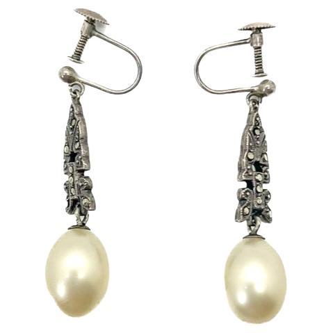 Antique Silver & Marcasite Pearl Earrings 1920s For Sale