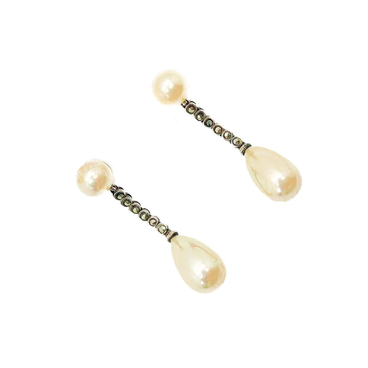 Art Deco Antique Silver & Marcasite Pearl Earrings 1930s For Sale