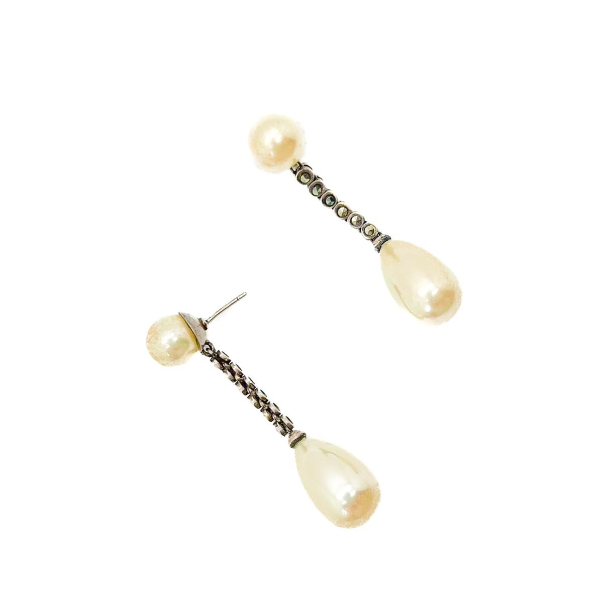 Antique Silver & Marcasite Pearl Earrings 1930s In Good Condition For Sale In Wilmslow, GB