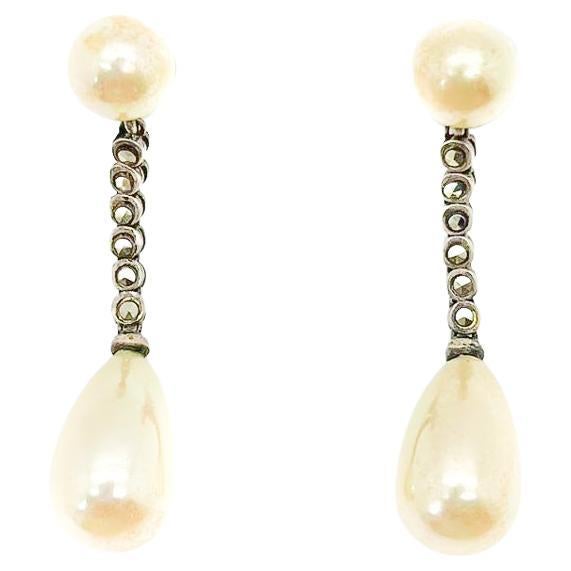 Antique Silver & Marcasite Pearl Earrings 1930s For Sale
