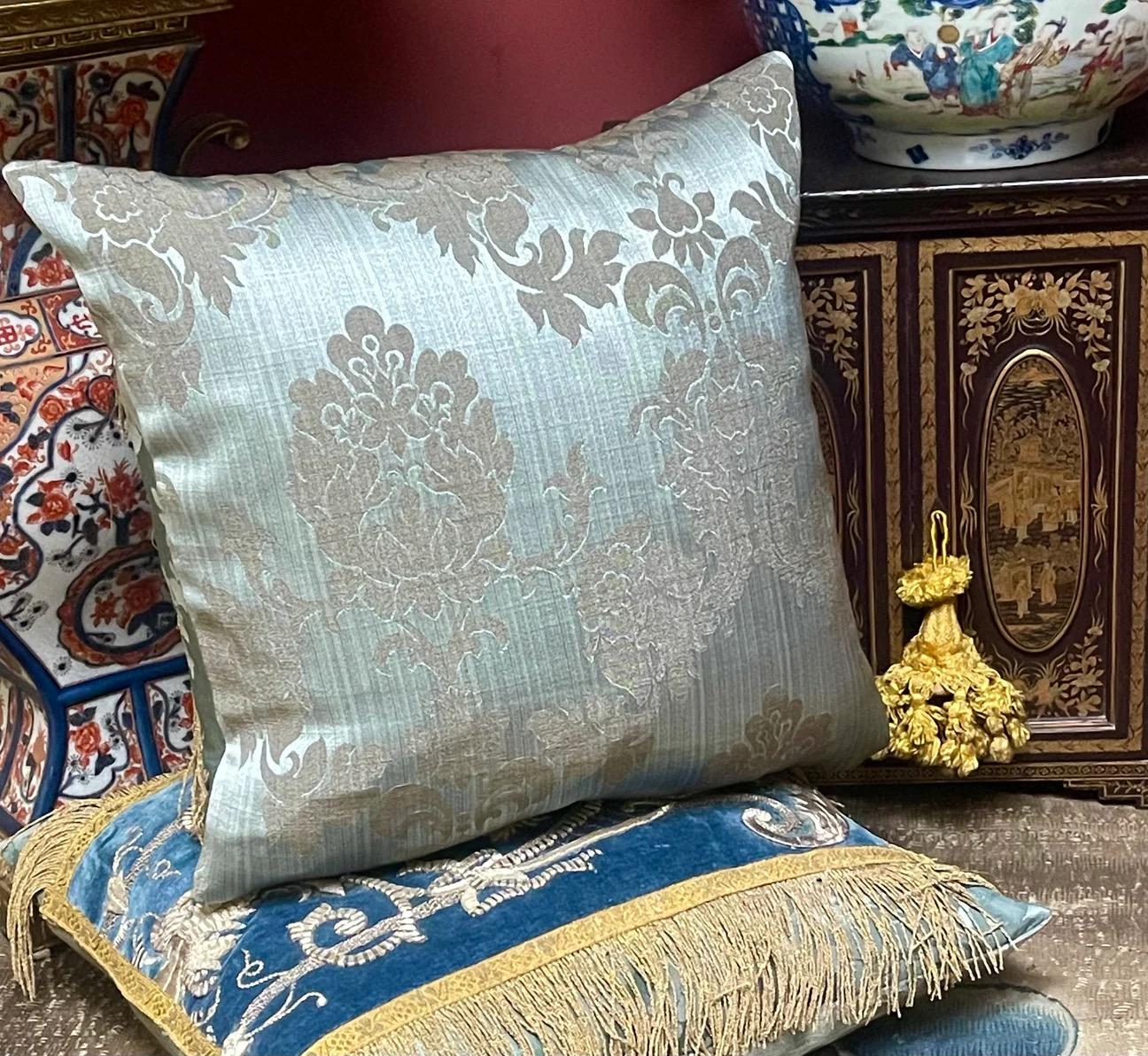 Antique Silver Metallic Embroidered Silk Velvet Cushions For Sale 3