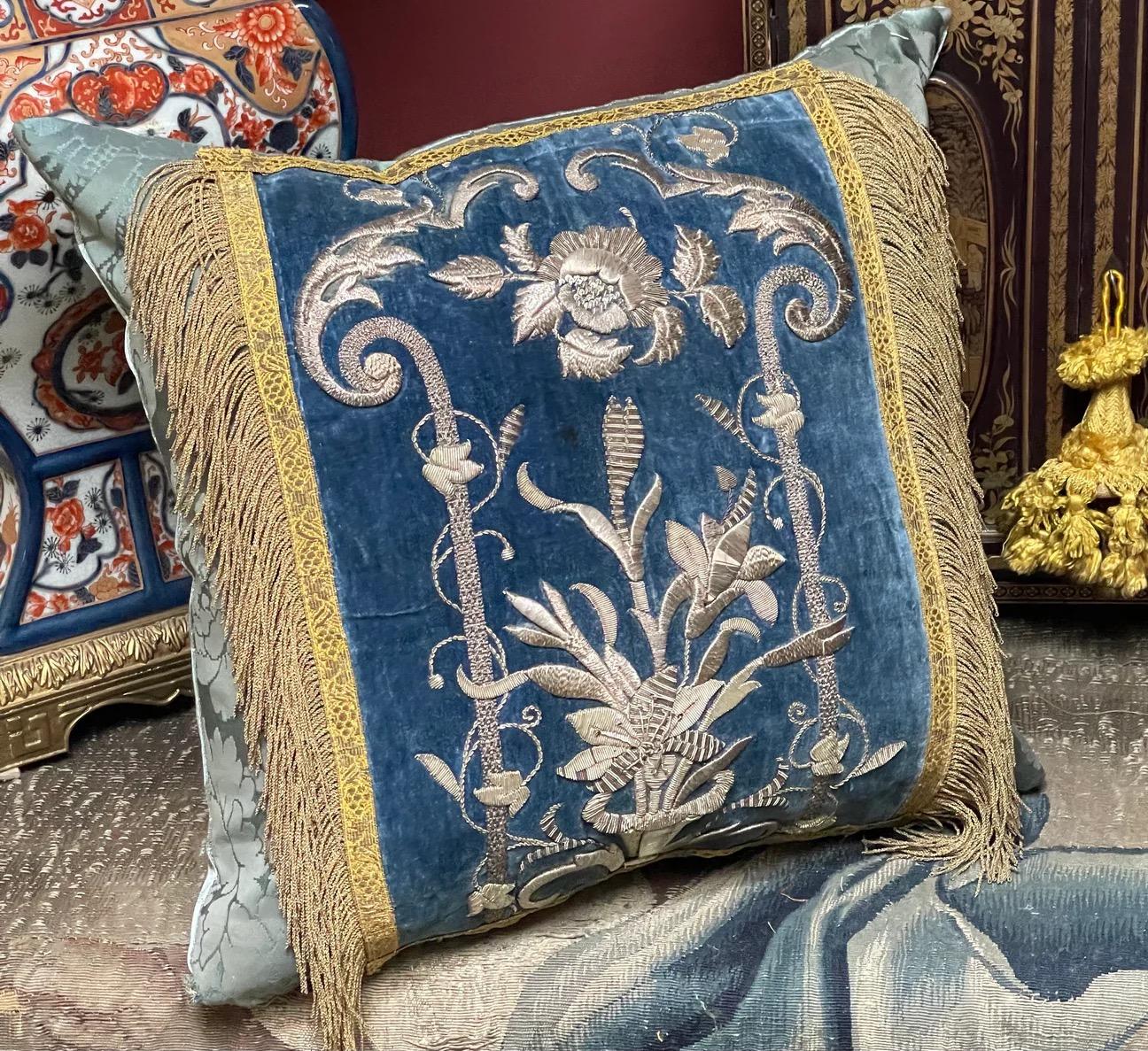 Spanish Antique Silver Metallic Embroidered Silk Velvet Cushions For Sale