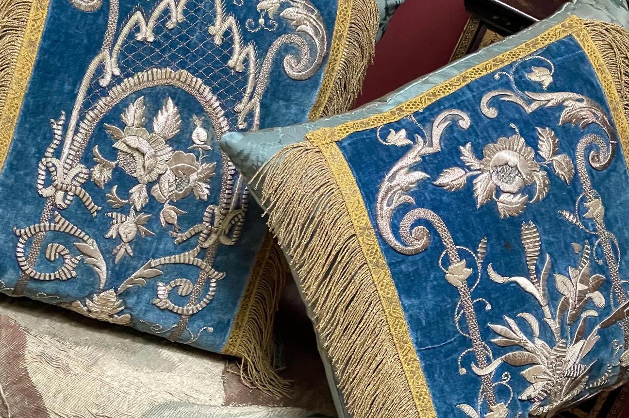 Hand-Crafted Antique Silver Metallic Embroidered Silk Velvet Cushions For Sale
