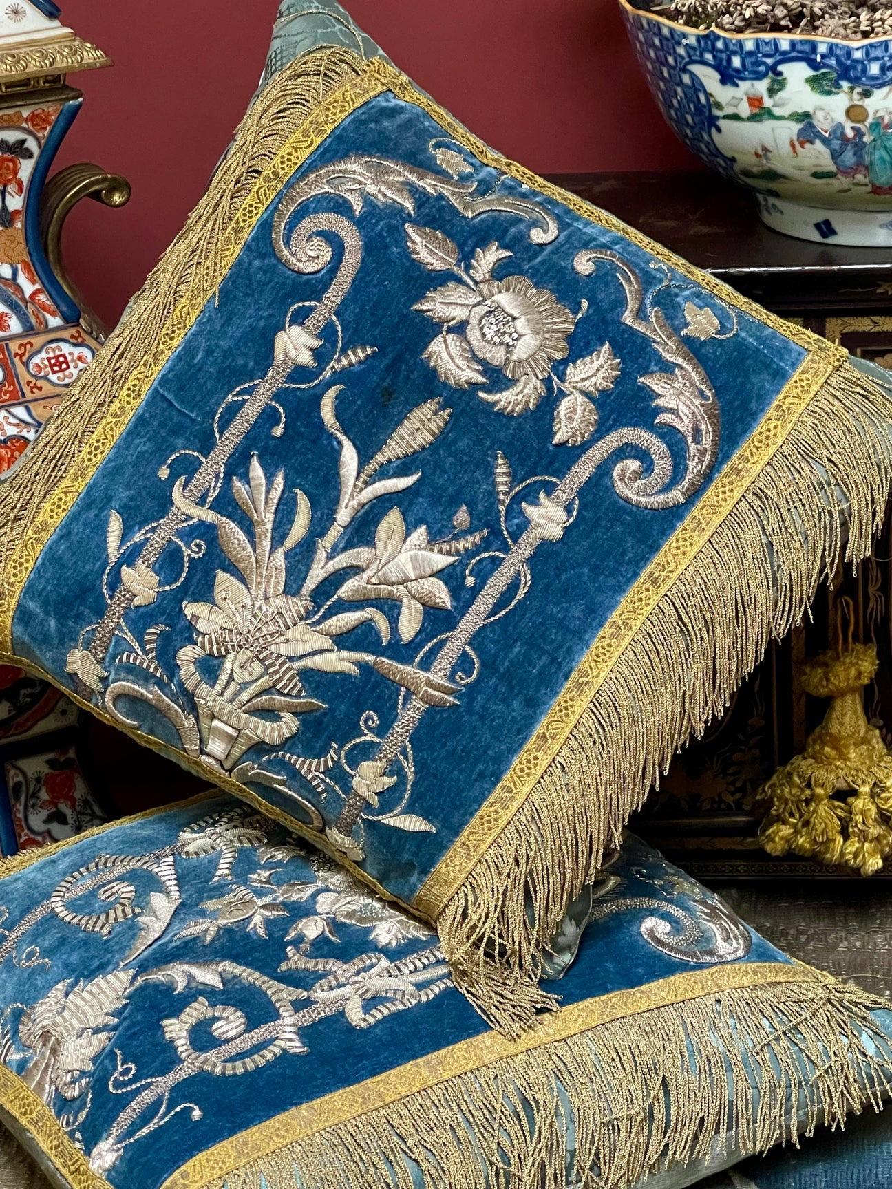 19th Century Antique Silver Metallic Embroidered Silk Velvet Cushions For Sale