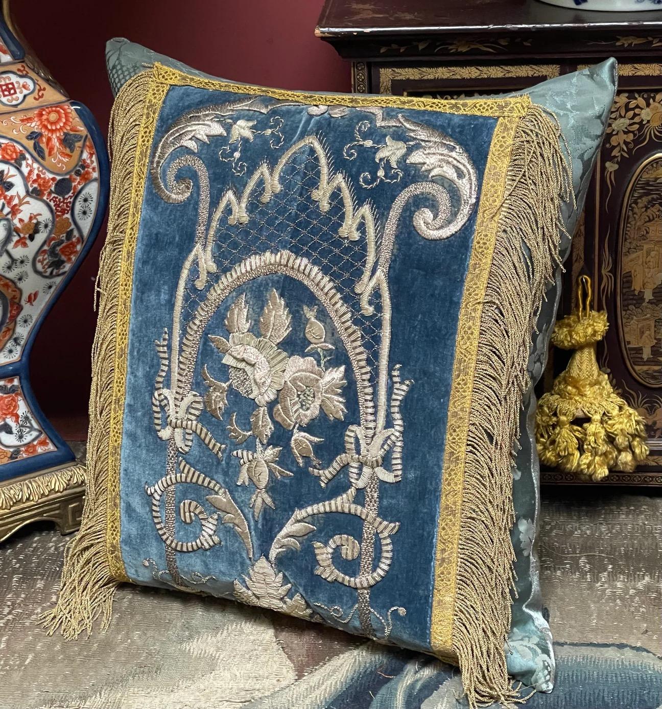 Antique Silver Metallic Embroidered Silk Velvet Cushions For Sale 1