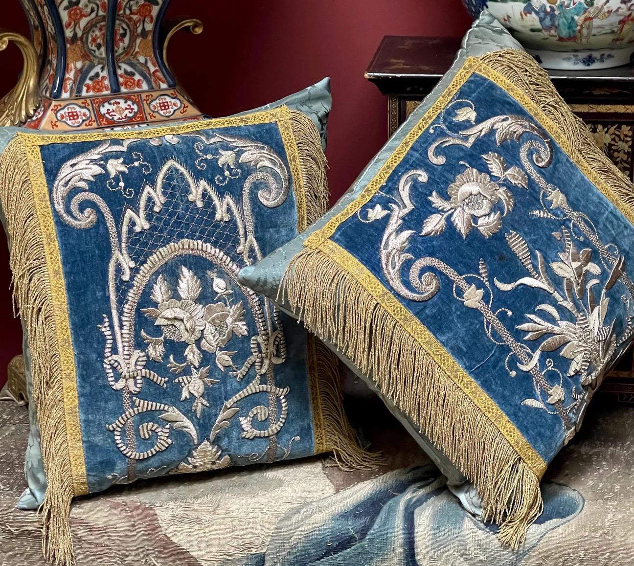 Antique Silver Metallic Embroidered Silk Velvet Cushions For Sale 2